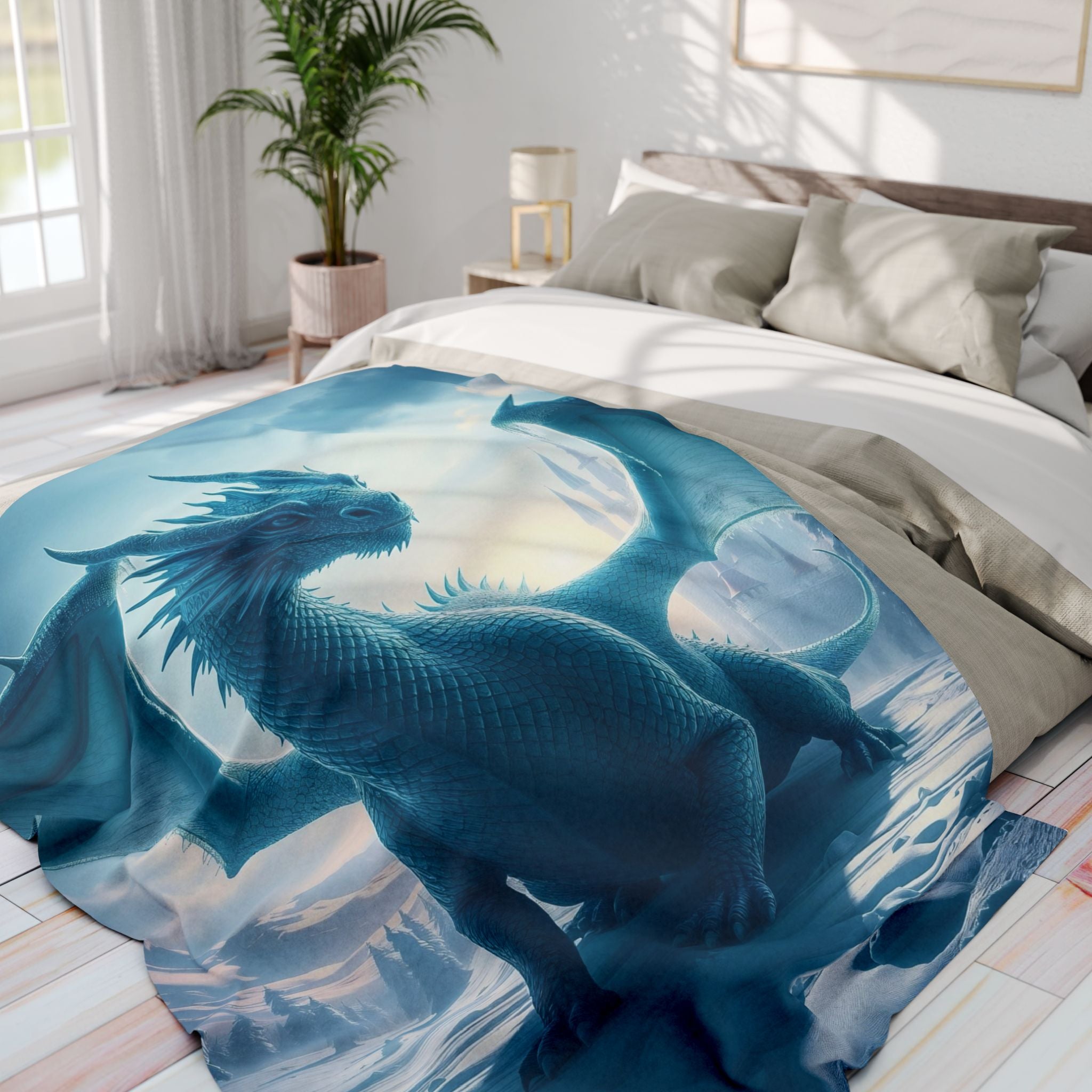 Blue ice dragon blanket draped over a bed in a bright bedroom.