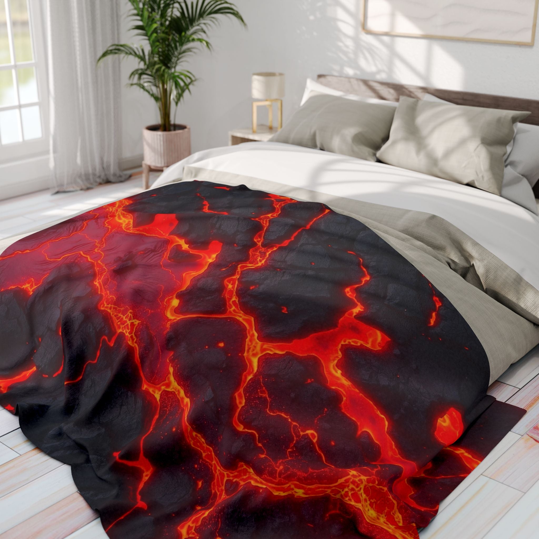 Bed with a lava-themed fleece blanket in a bright bedroom.