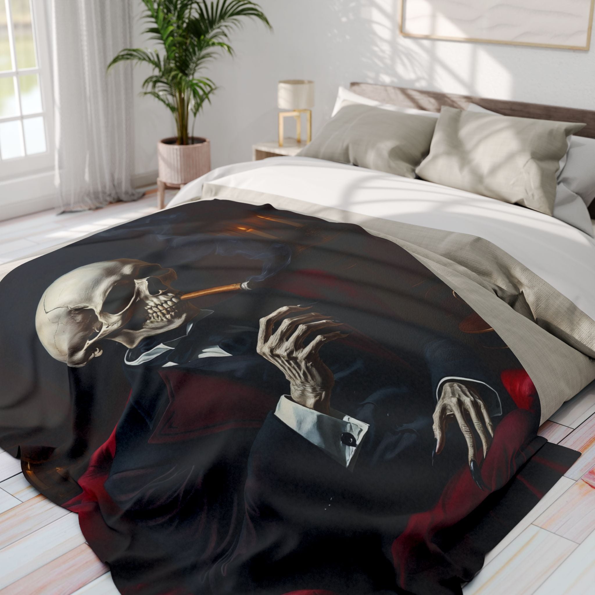 Skeletal design blanket draped over a bed in a bright bedroom.