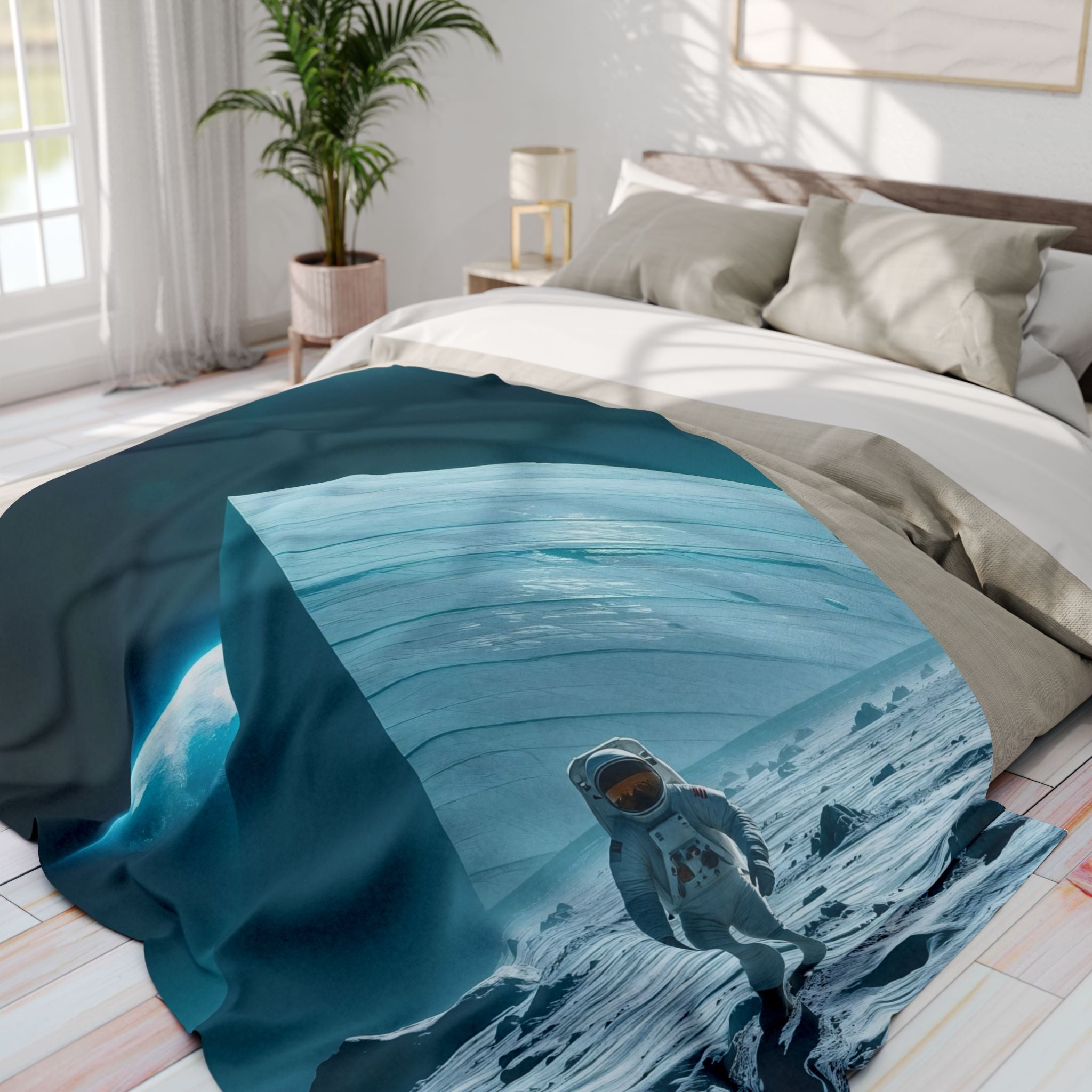 Bed with a blue fleece blanket featuring an astronaut and a huge ancient pyramid space design in a bedroom setting.
