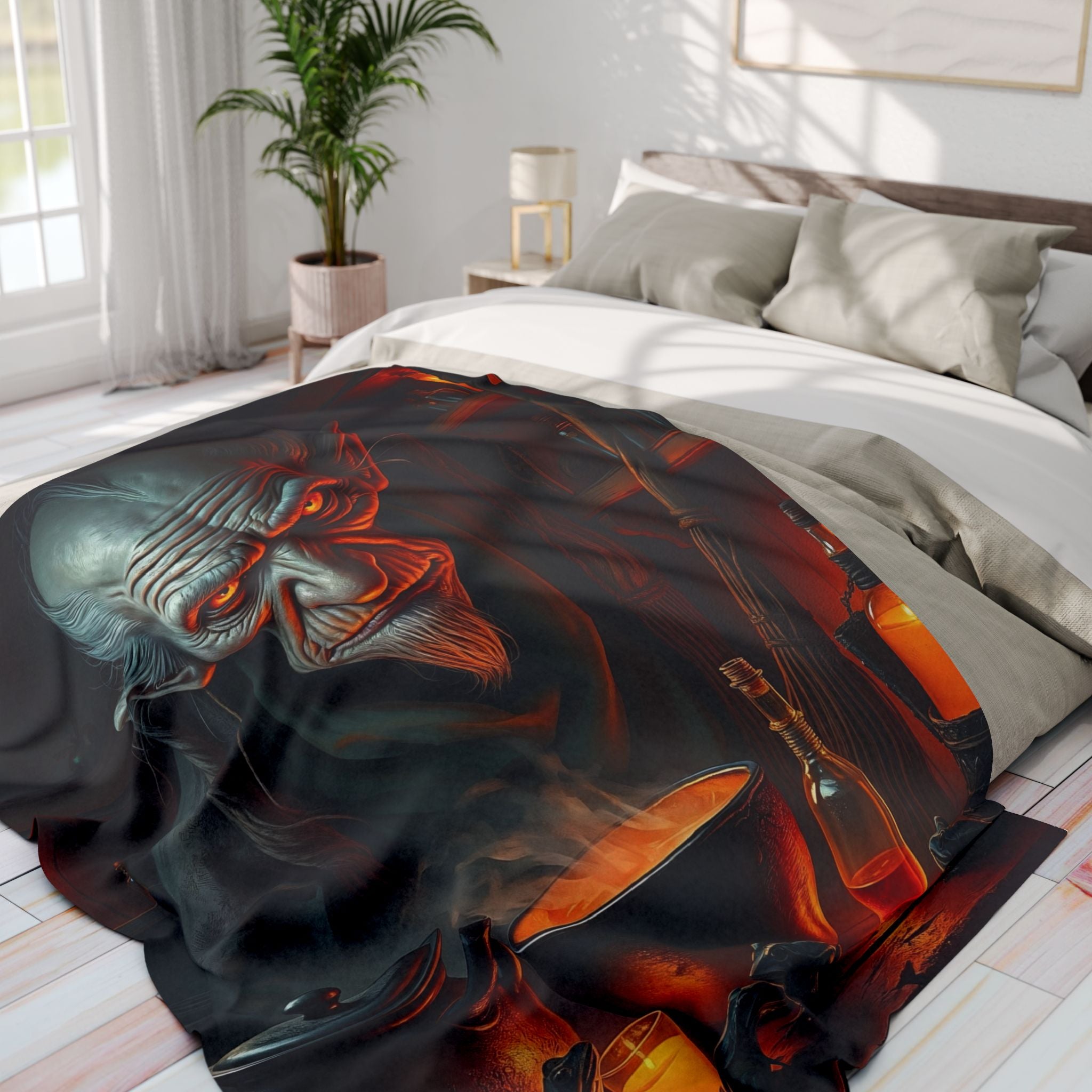 Bed with a decorative fleece blanket featuring a fantasy warlock wizard design in a bright bedroom.