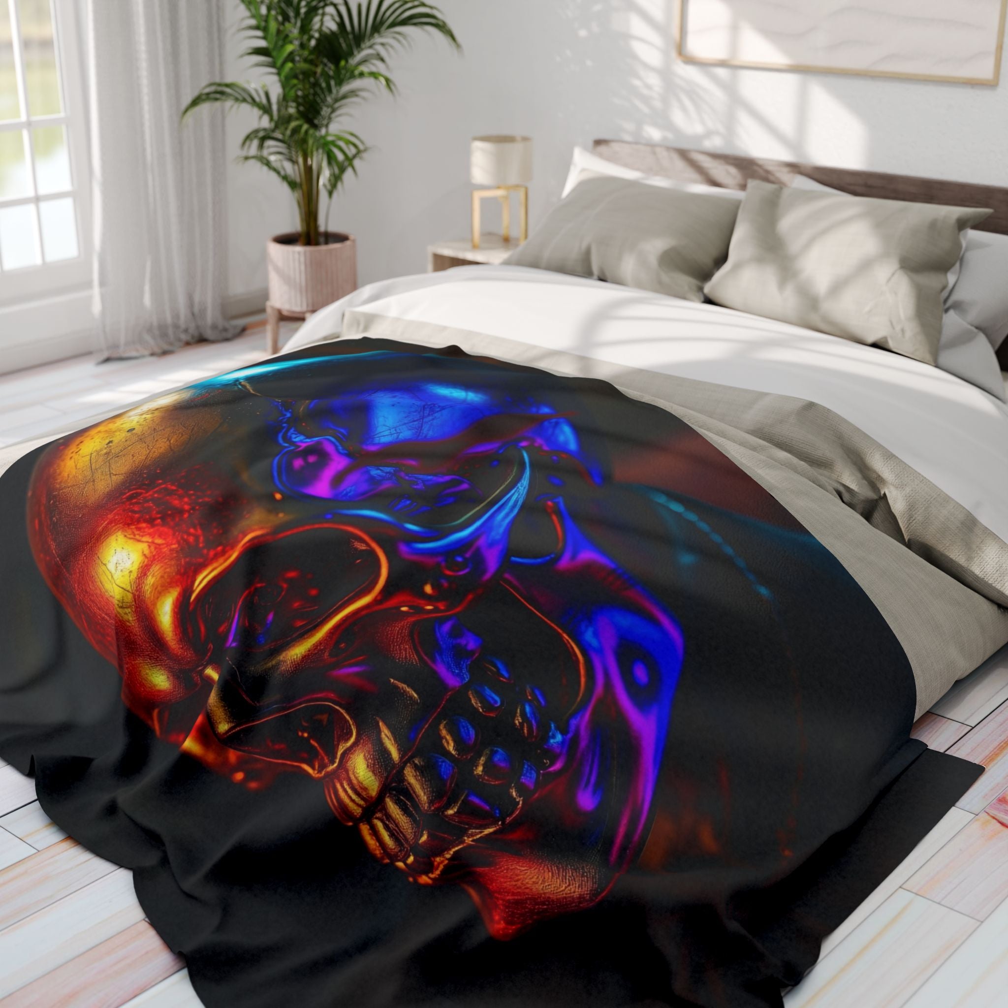 Golden ultraviolet skull design blanket on a bed in a bright bedroom.