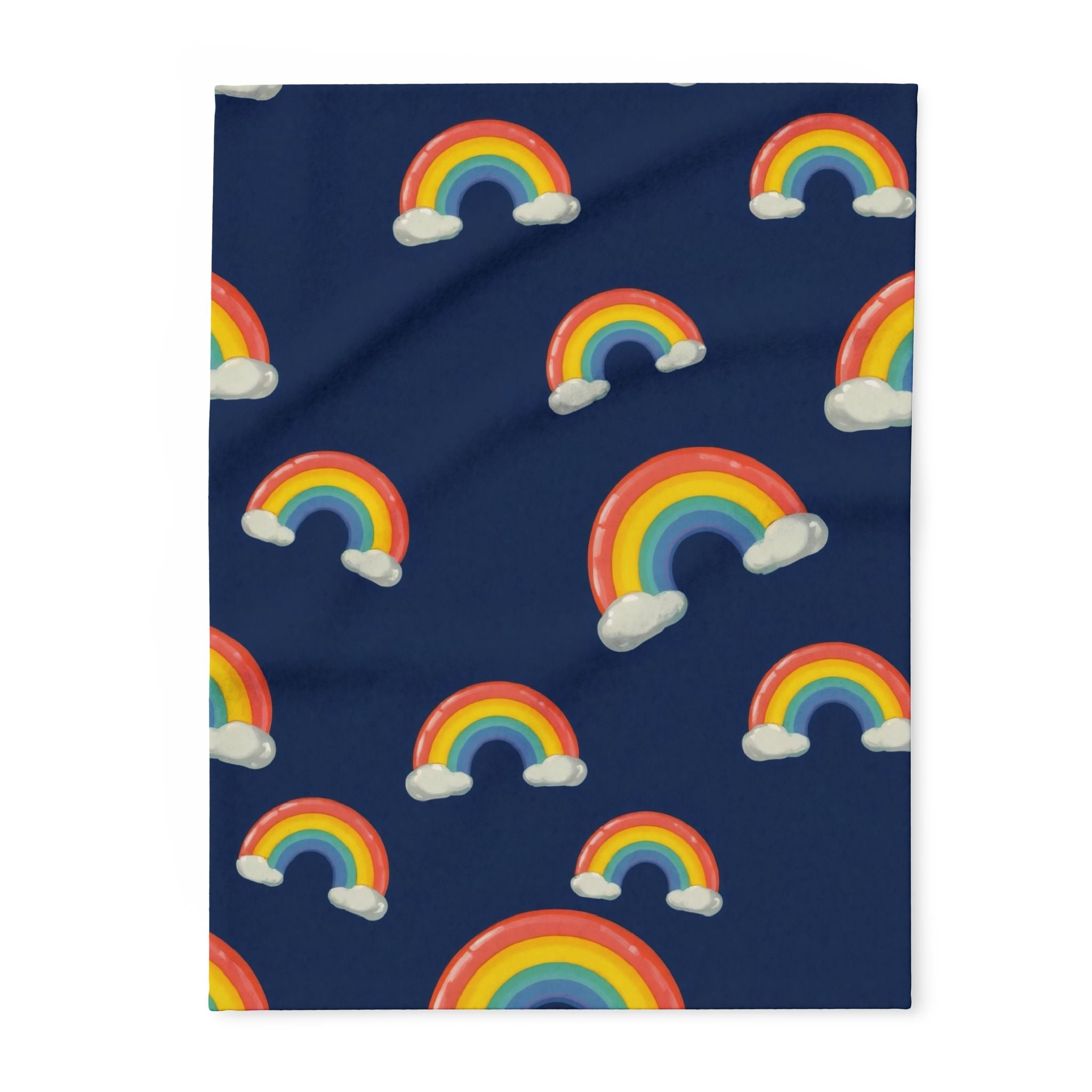 Navy blue fleece blanket with colorful rainbow pattern.