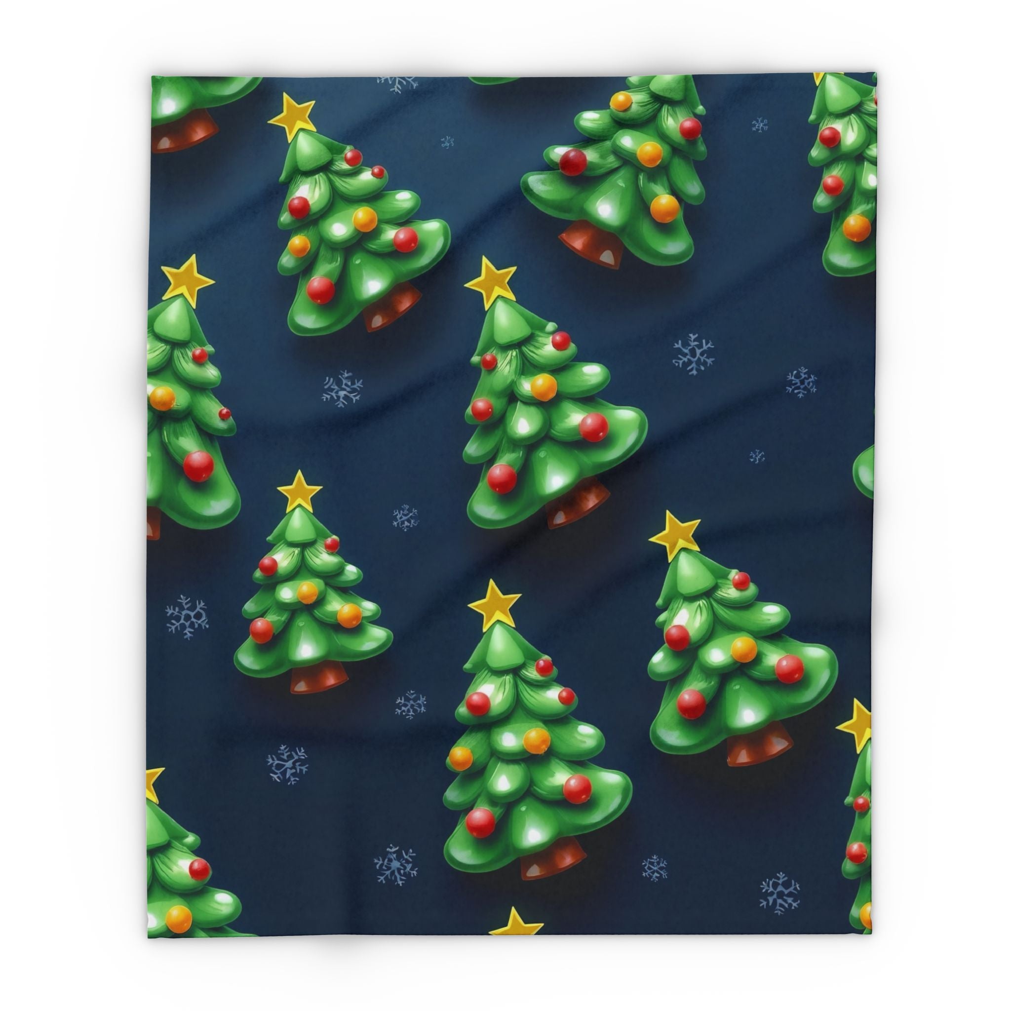 Blanket with a pattern of Christmas trees with stars and ornaments on a blue background
