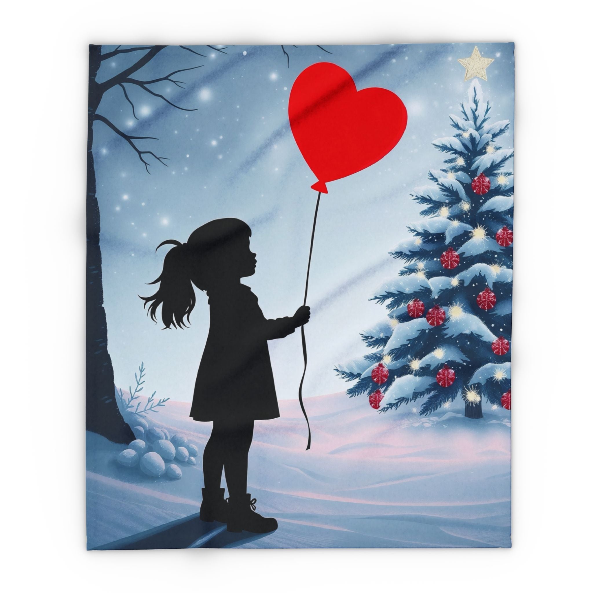 Silhouette of a girl holding a red heart balloon with a decorated Christmas tree in the background.