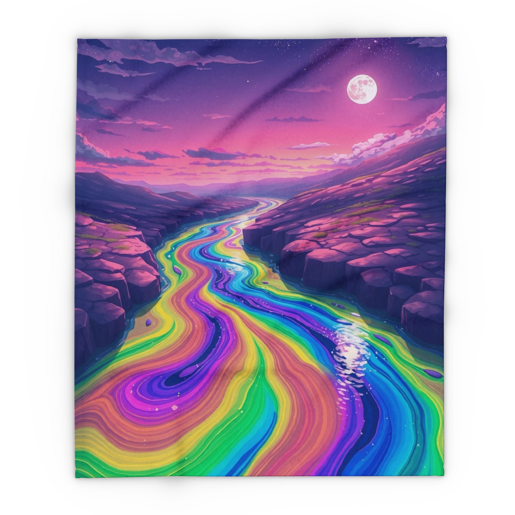 Fleece blanket of a landscape with a rainbow river flowing through a valley under a purple sky.