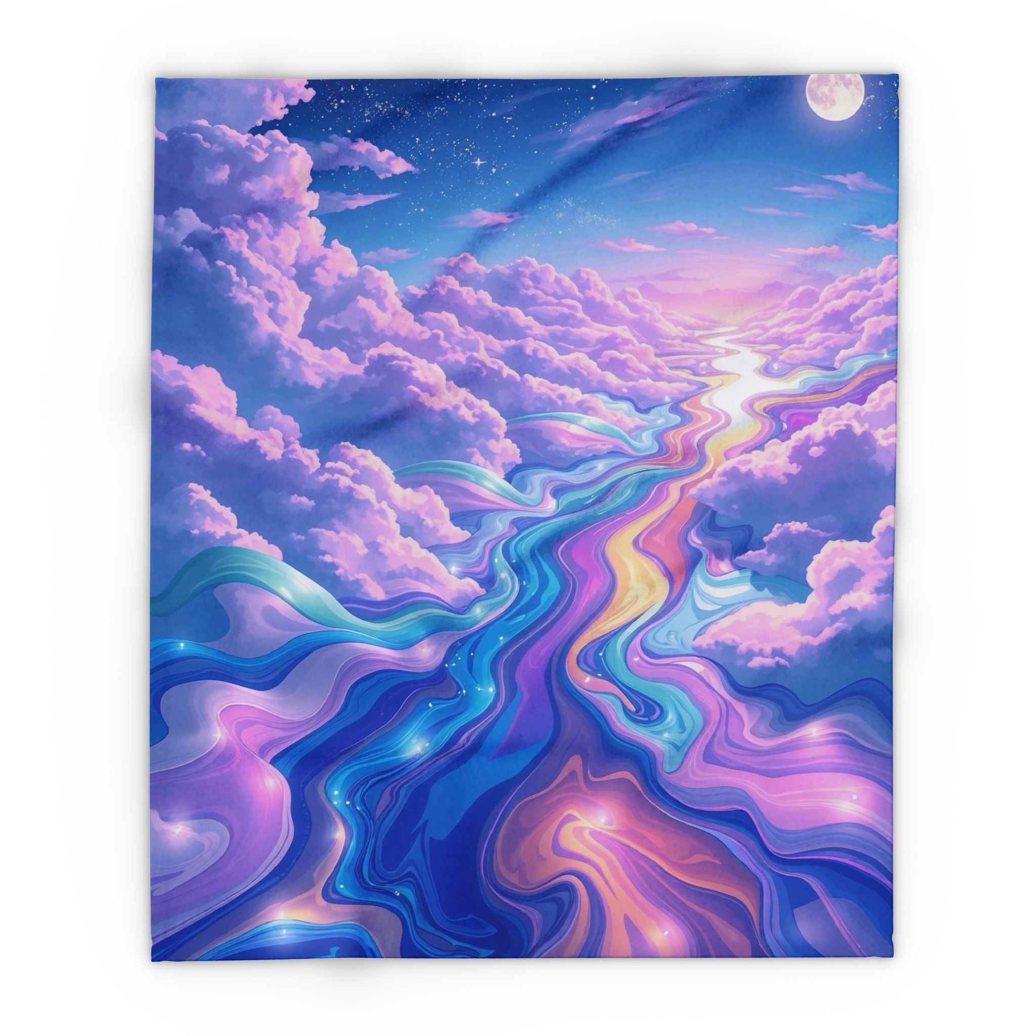 Fleece blanket of a abstract design of clouds and a rainbow in a surreal landscape.