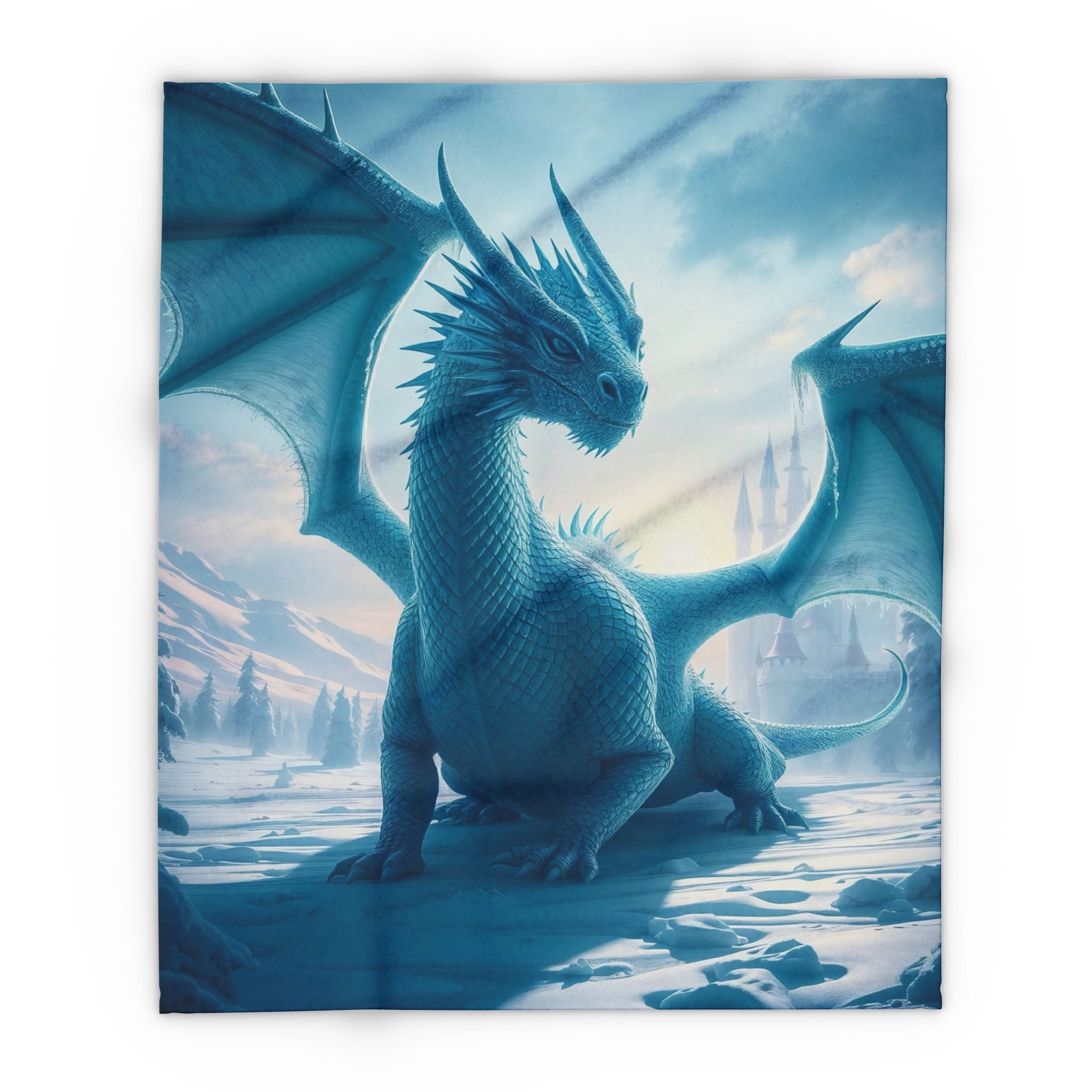 Fleece blanket of a ice dragon in a fantasy landscape with mountains and trees.