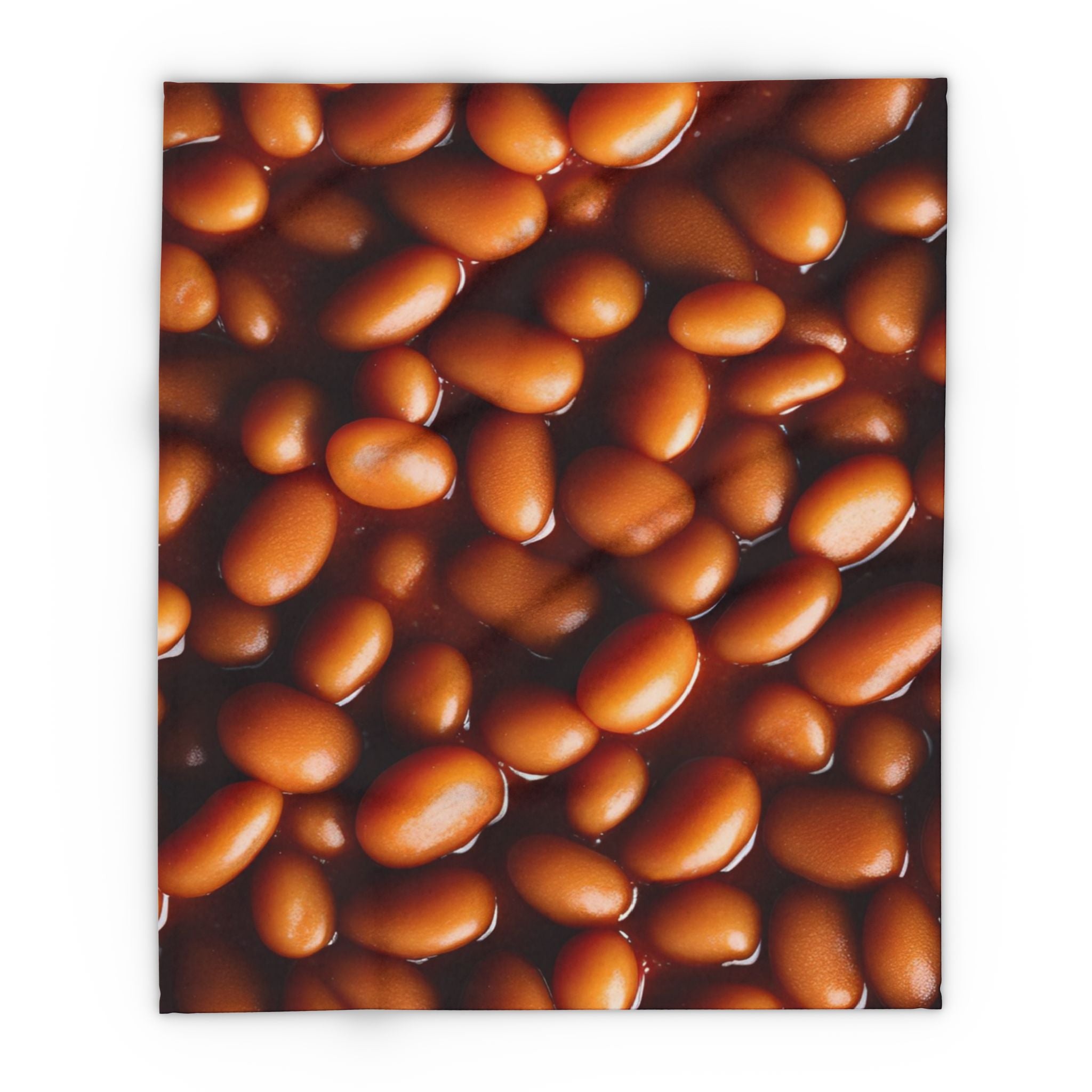 Printed fleece blanket of delicious baked beans in a rich red tomatoe sauce on a white background