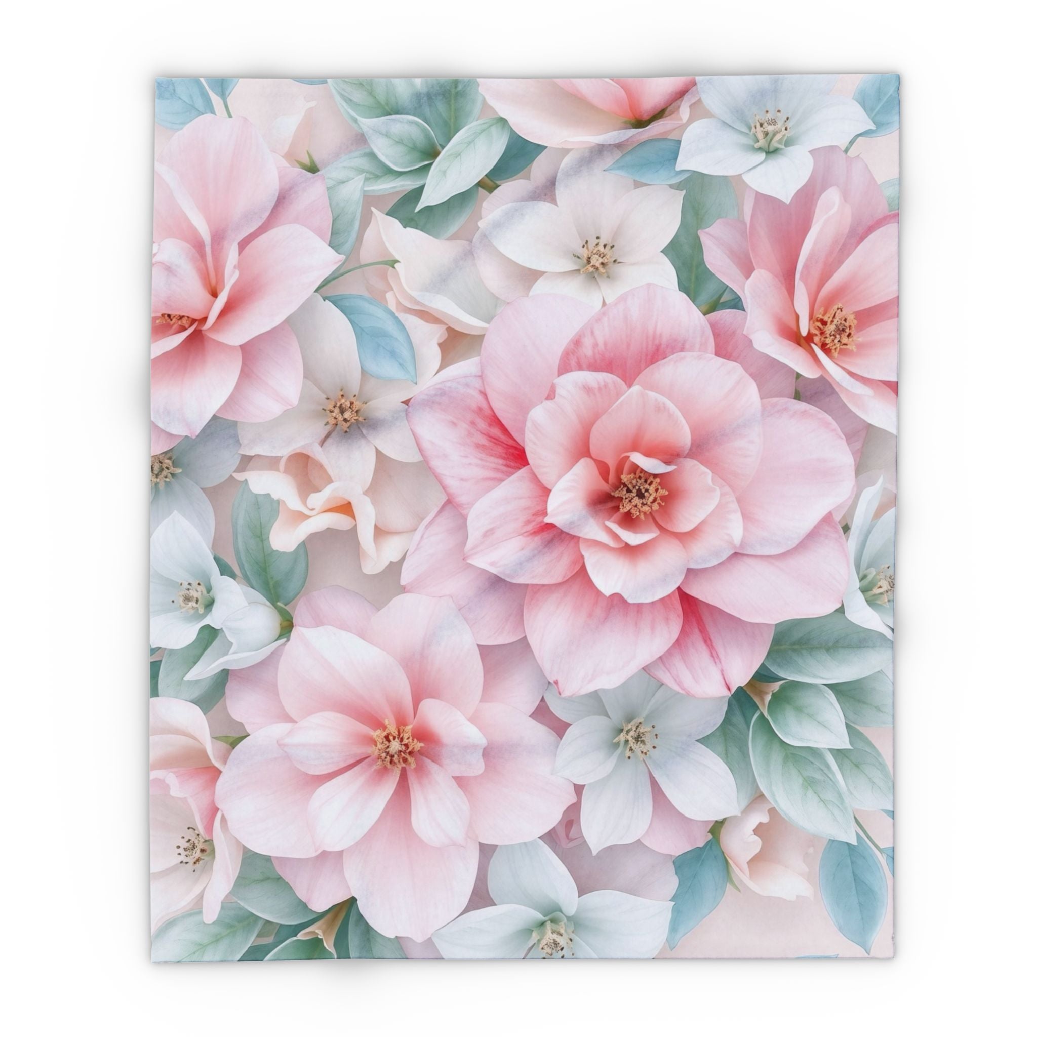 Fleece blanket of a floral pattern with pink and white flowers on a light background.