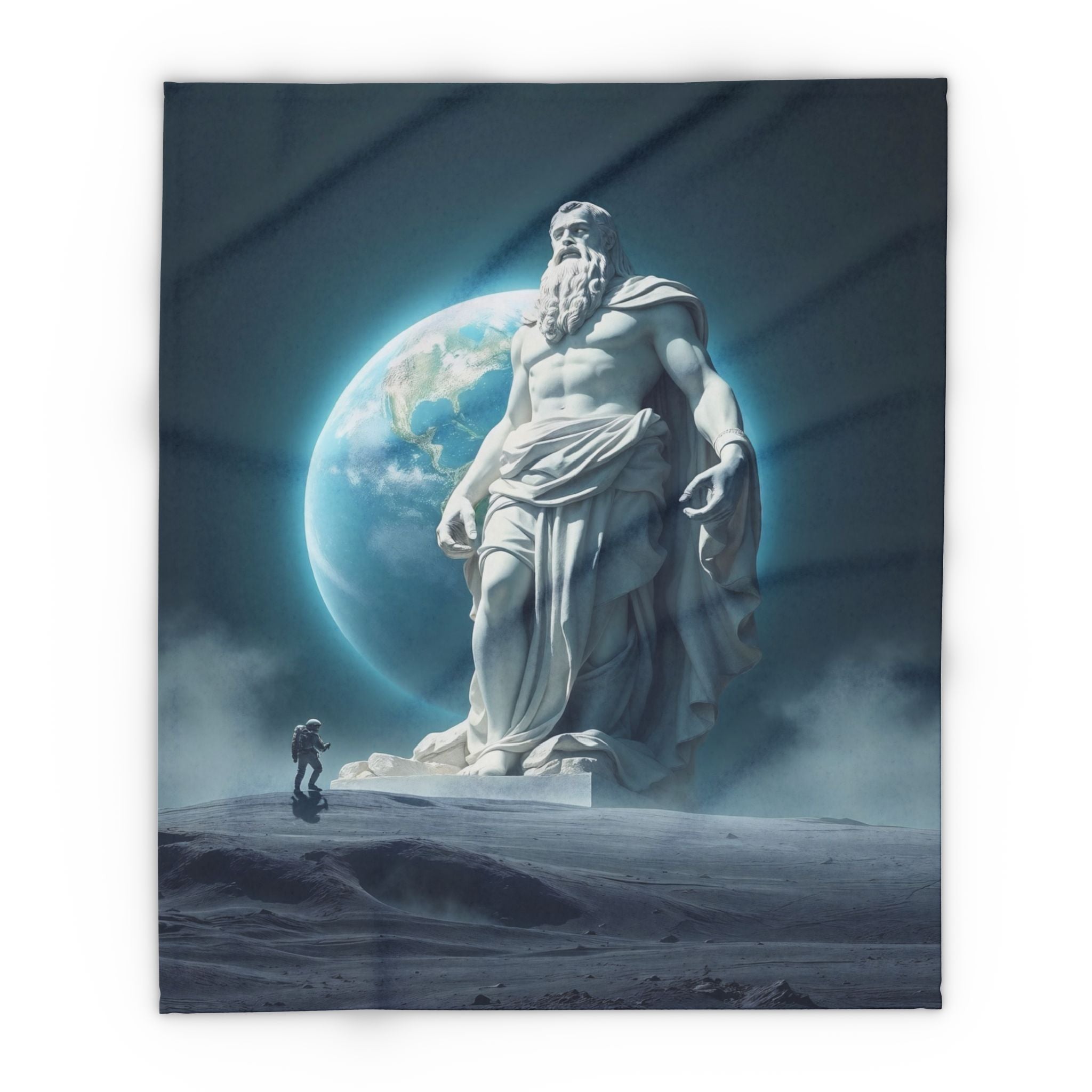 Fleece blanket featuring a statue of the ancient greek god zeus on the moon with an astronaut and the planet earth in the background.