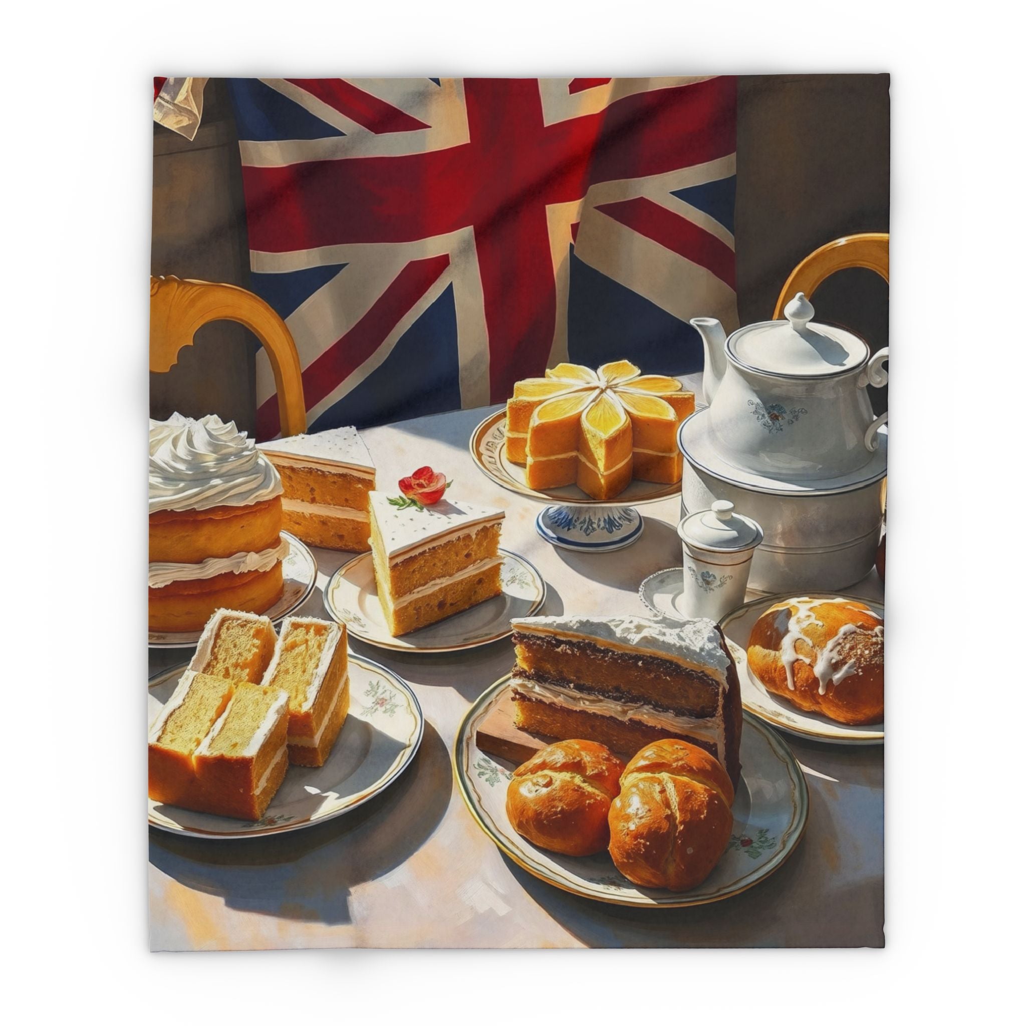 Table setting with British tea and pastries, including a Union Jack flag in the background.
