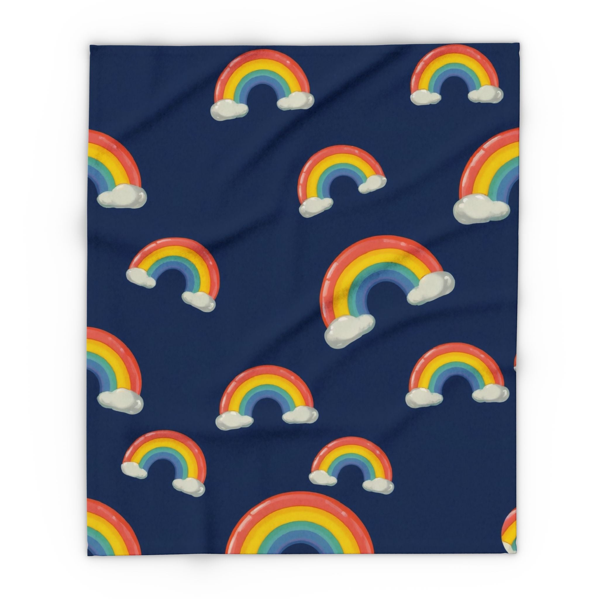 Navy blue printed fleece blanket with cute rainbow pattern.