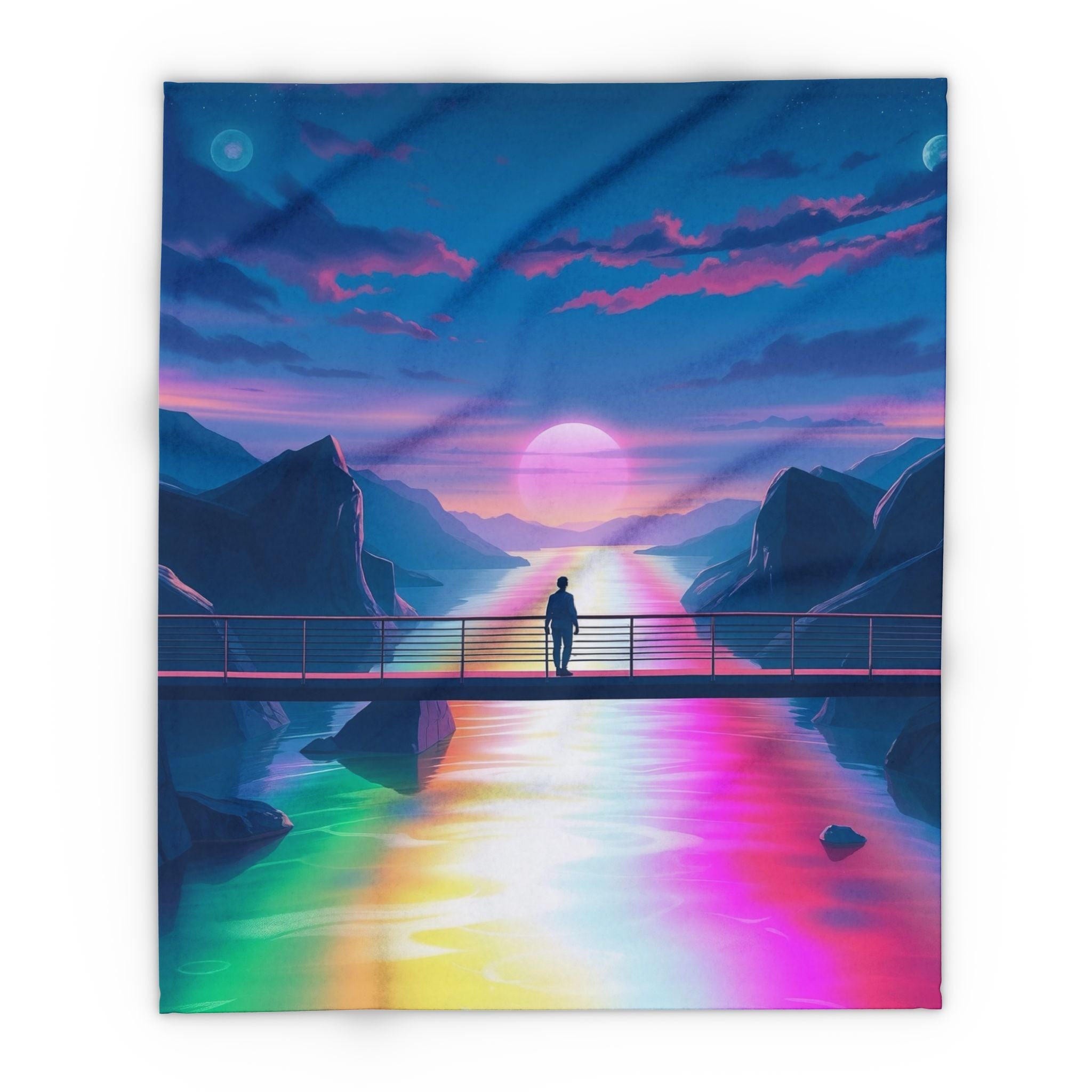 Blanket of a futuristic landscape with a bridge over a colorful river and a glowing planet in the sky.