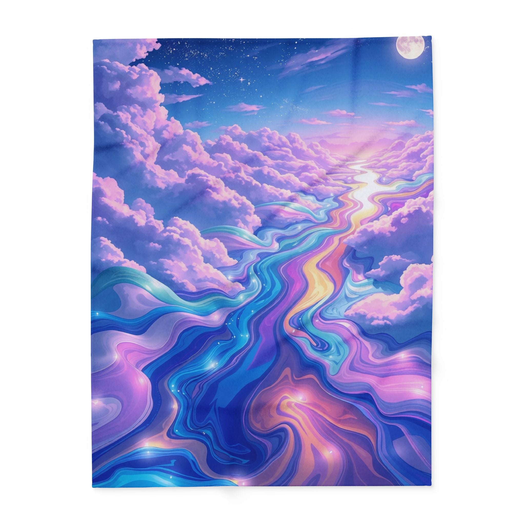 Colourful cloud and sky fleece blanket design with a rainbow-like pattern on a white background.