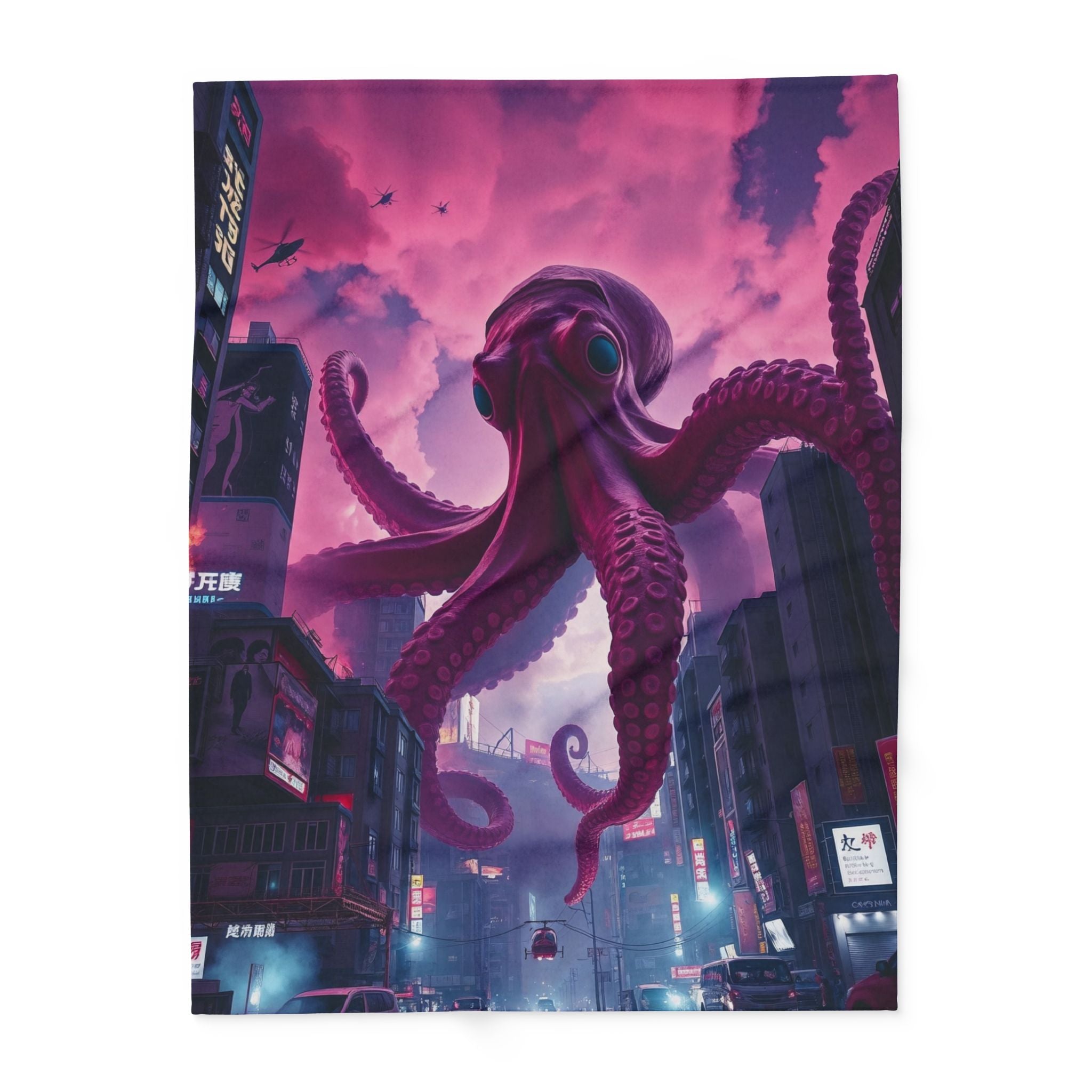 Octopus Attacks Downtown Tokyo City Blanket