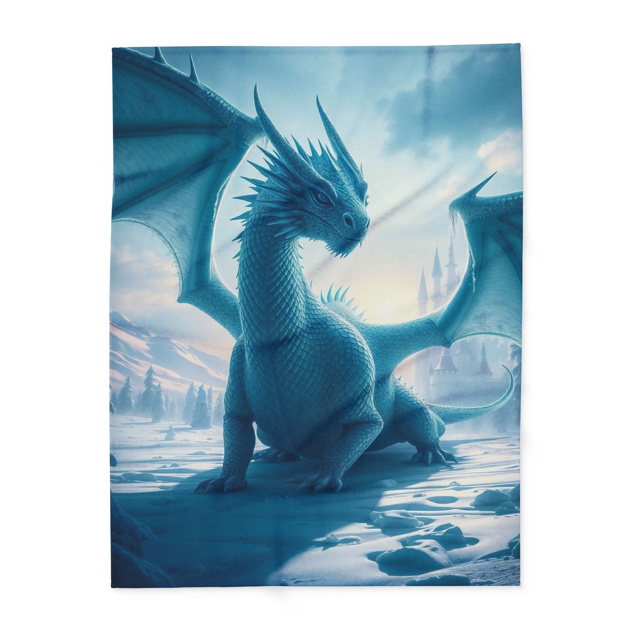 Ice dragon in a snowy landscape with mountains in the background.