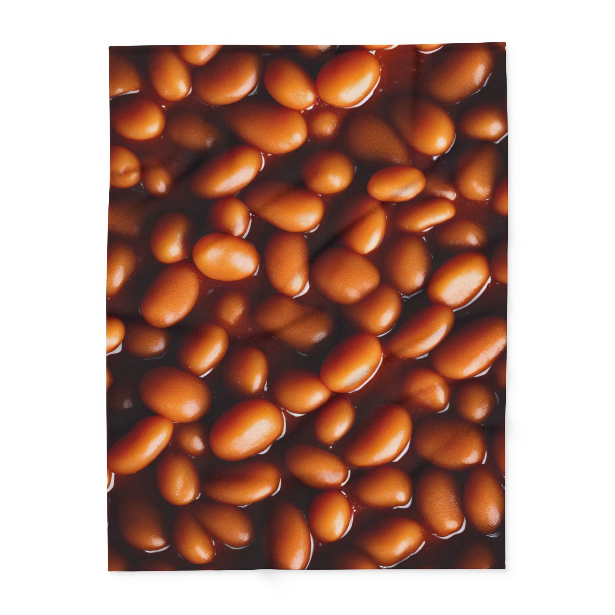 Printed fleece blanket of baked beans in tomato sauce on a white background