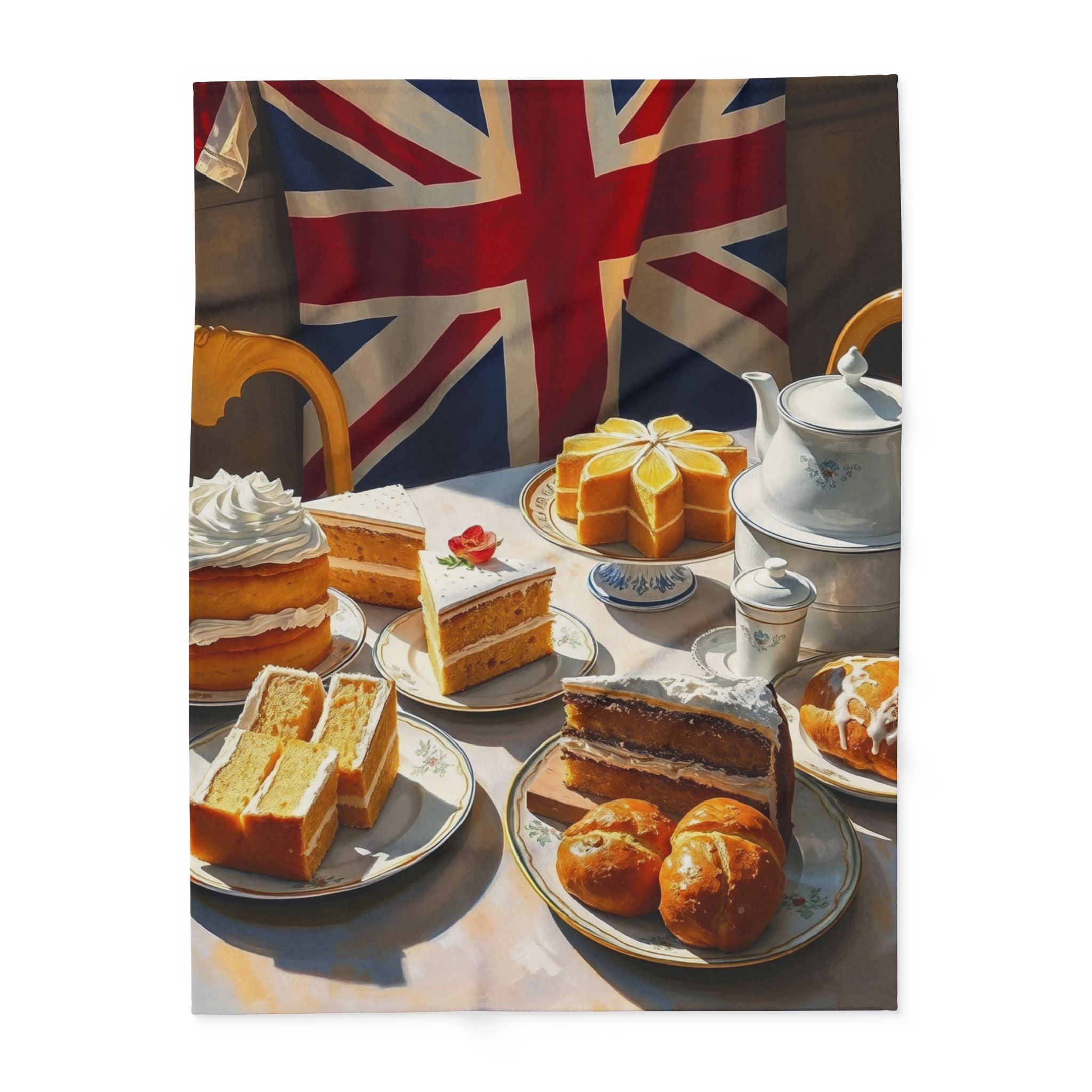 Table with British pastries and tea set in front of a Union Jack flag blanket