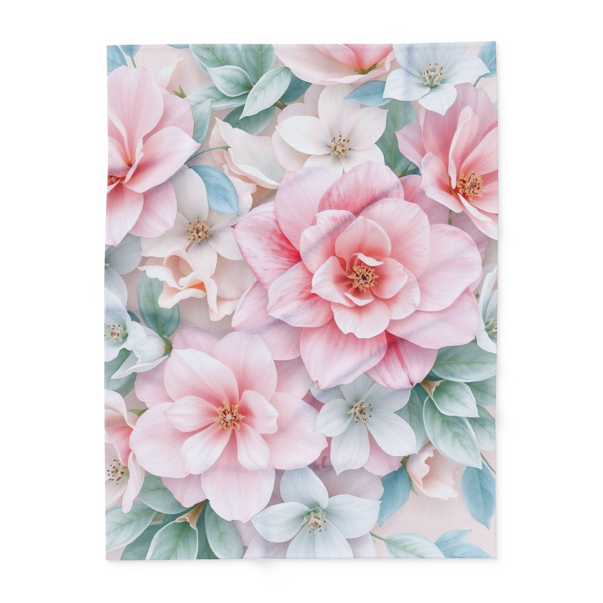 Blanket of a floral pattern with pink and white flowers on a white background.