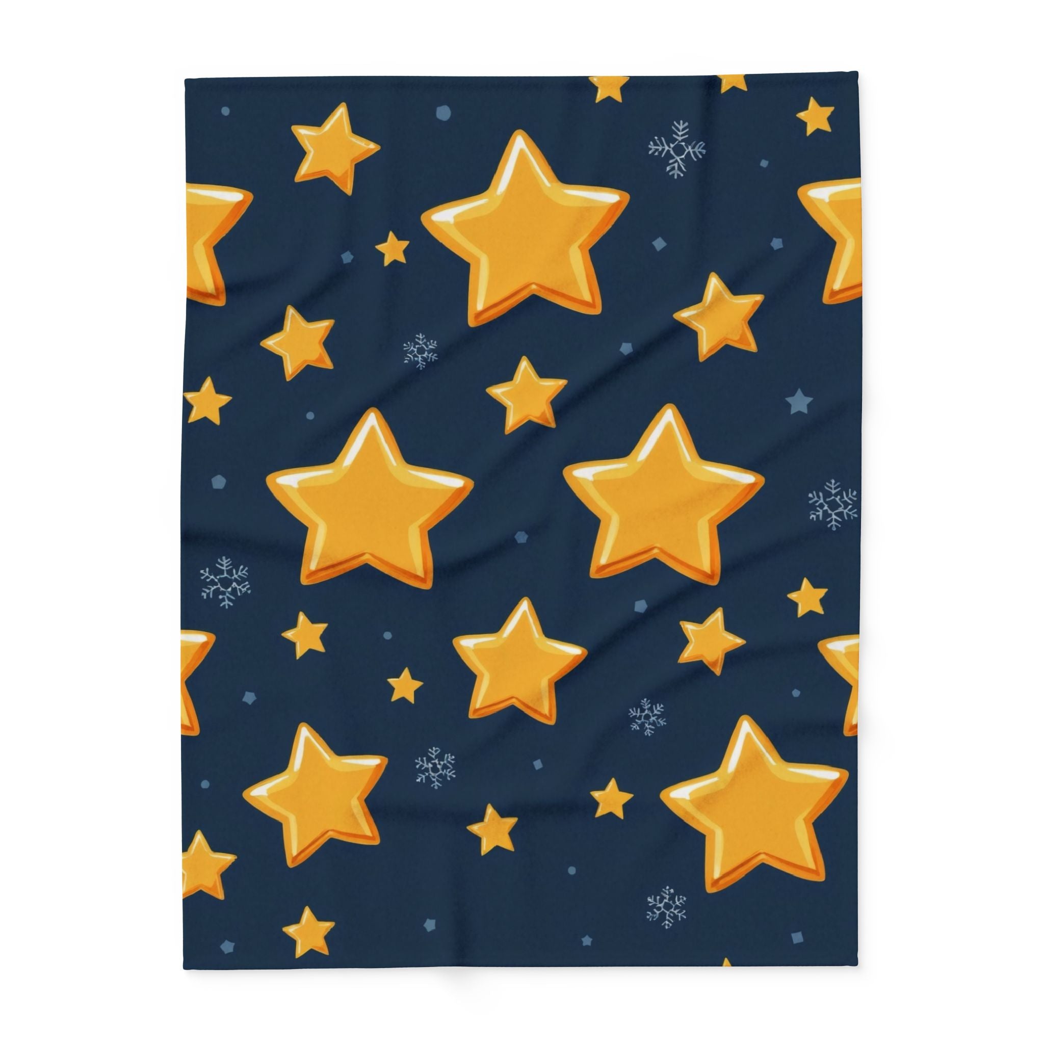 Navy blue fleece blanket with yellow star pattern.