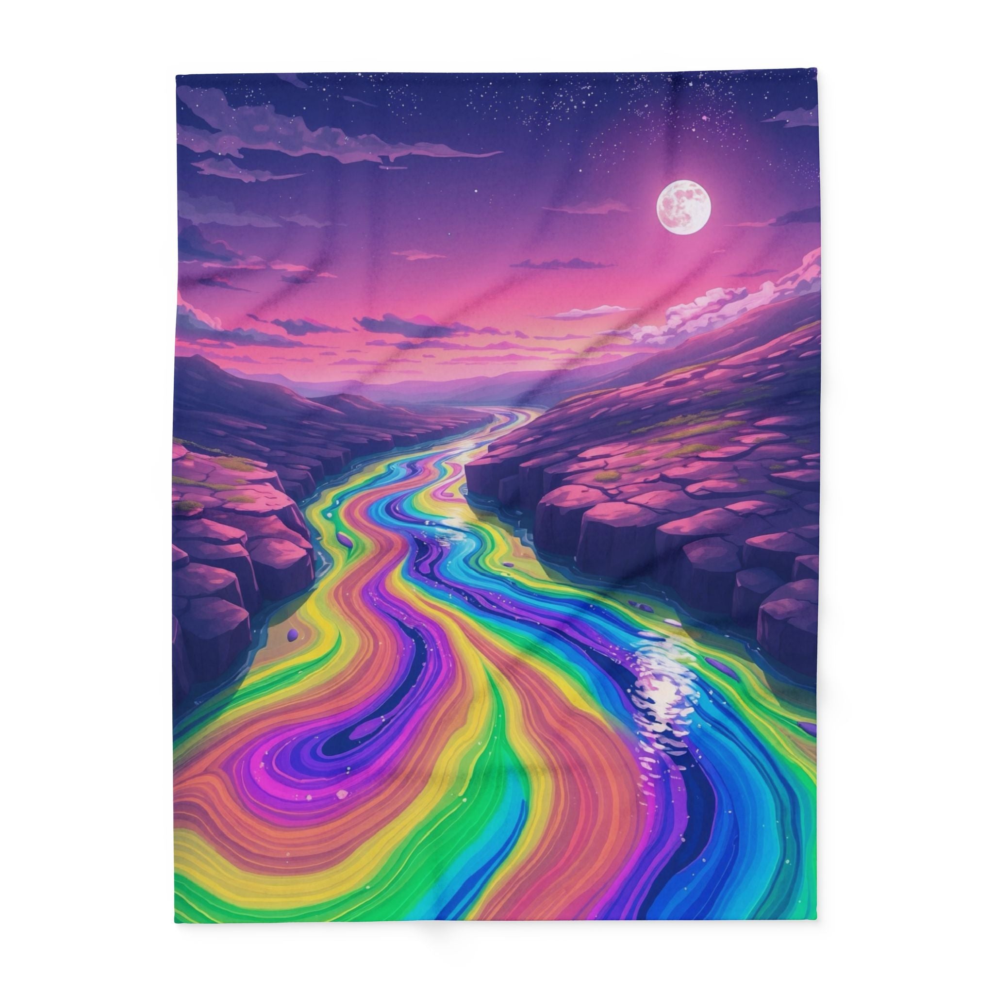 Fleece blanket landscape with a rainbow paint river flowing through a valley under a purple sky.