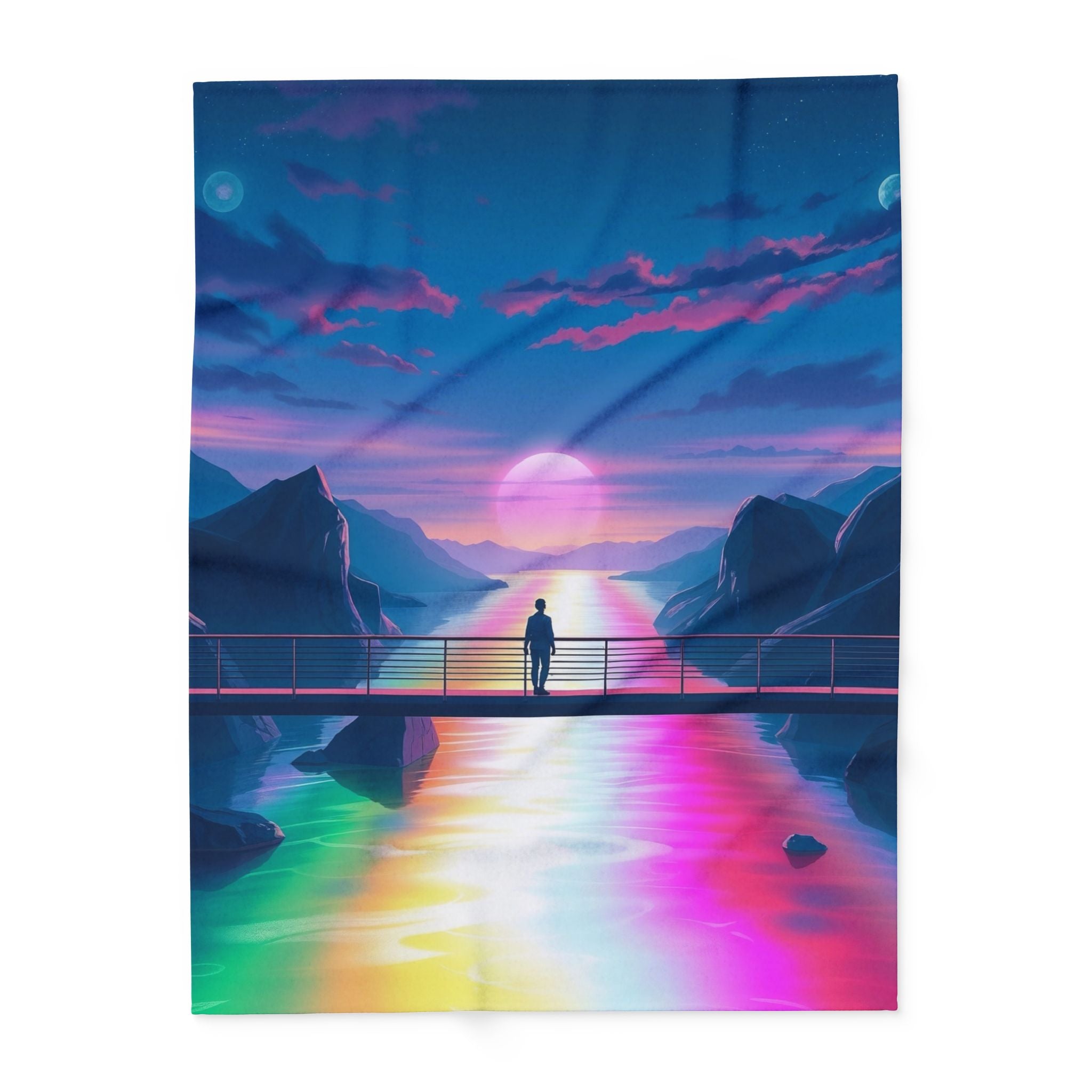 Fleece blanket with a colorful landscape design featuring a bridge over a rainbow river and mountains.