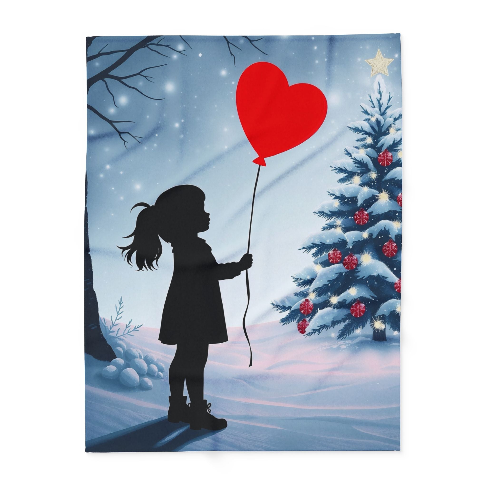 Silhouette of a girl holding a red heart balloon in front of a Christmas tree with lights and decorations.