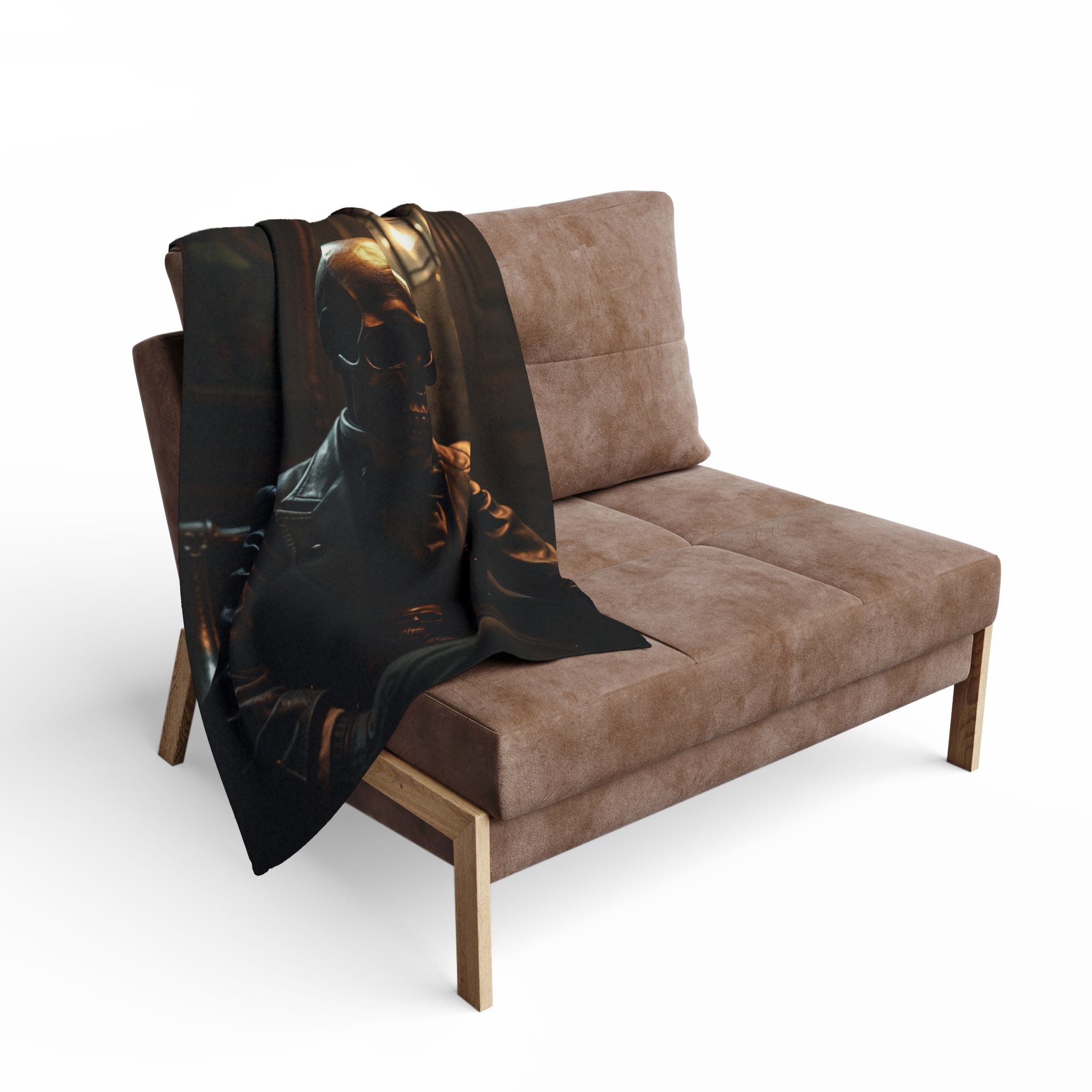 Brown sofa with a black gothic skeleton blanket draped over it on a white background.