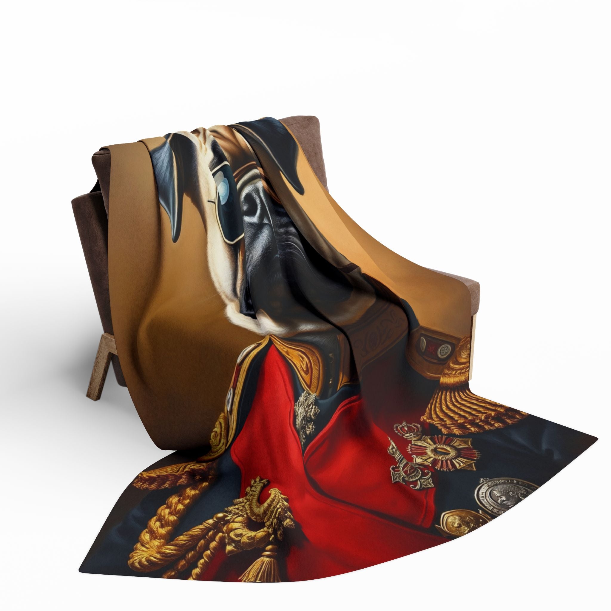 Decorative fleece blanket with a military themed pug dog design draped over a chair on a white background.