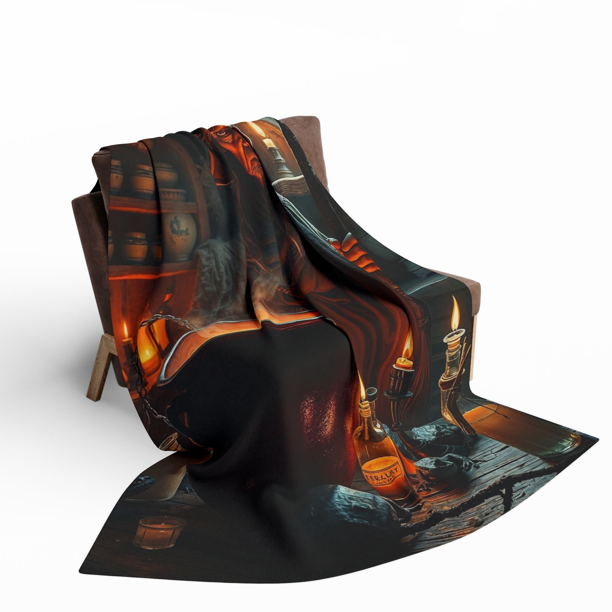 Decorative blanket with a halloween witch over her cauldron design on a white background.