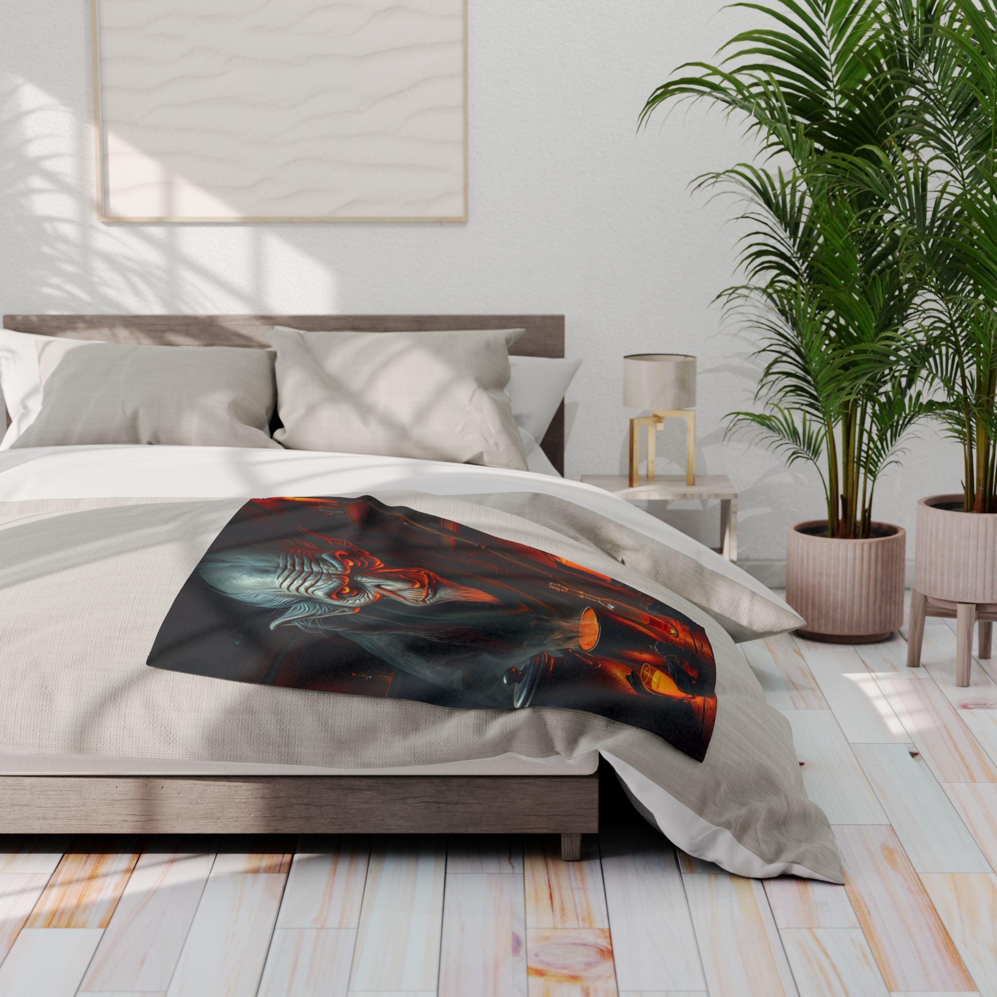 Bedroom with a bed featuring a fantasy Halloween fleece blanket of a warlock wizard.