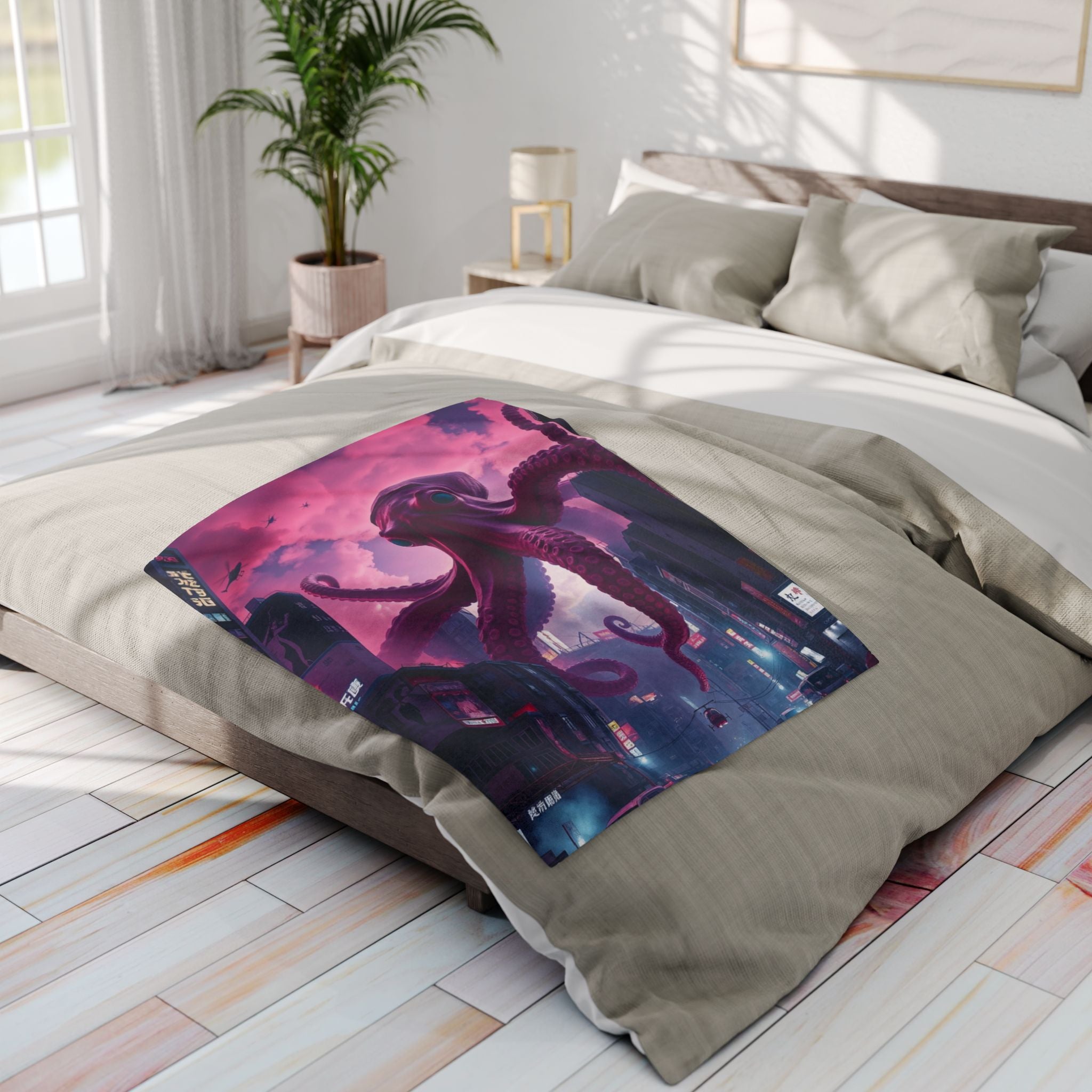 Octopus Attacks Downtown Tokyo City Blanket