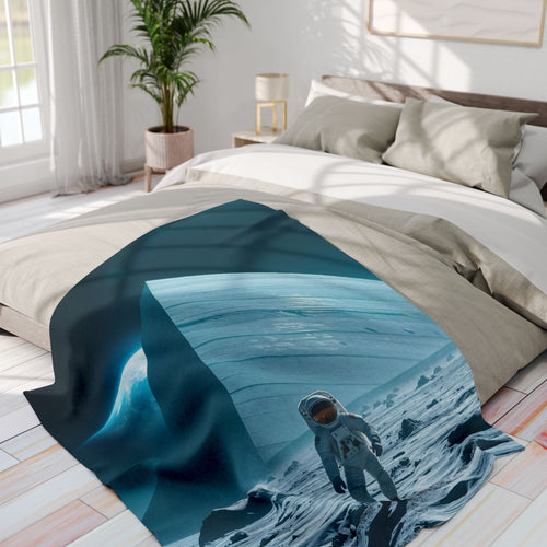 Bed with a blanket featuring an astronaut and a huge ancient pyramid on the moon space art in a bright bedroom.