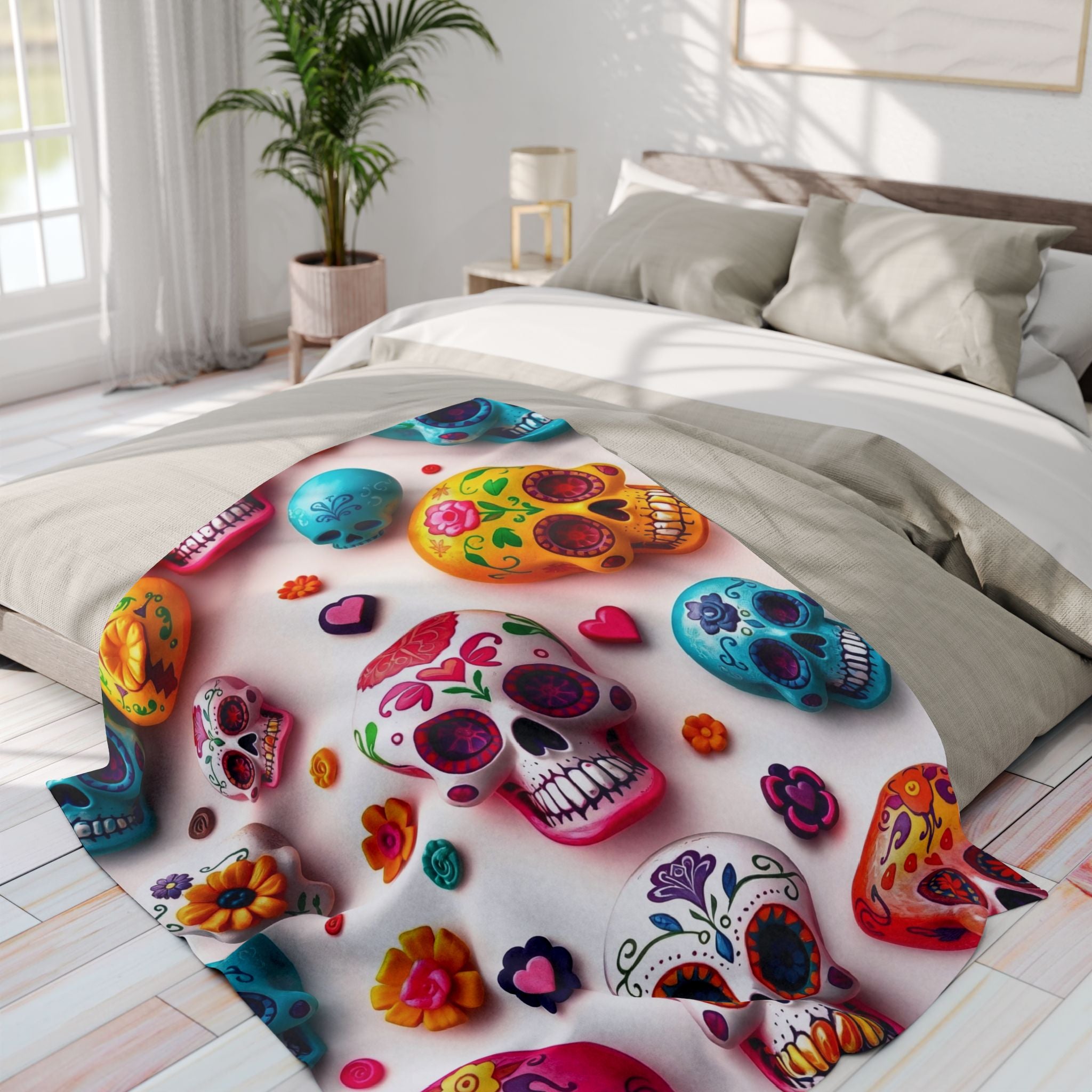 Colorful Mexican Day of the Dead sugar skull design on a fleece blanket throw in a bright bedroom.