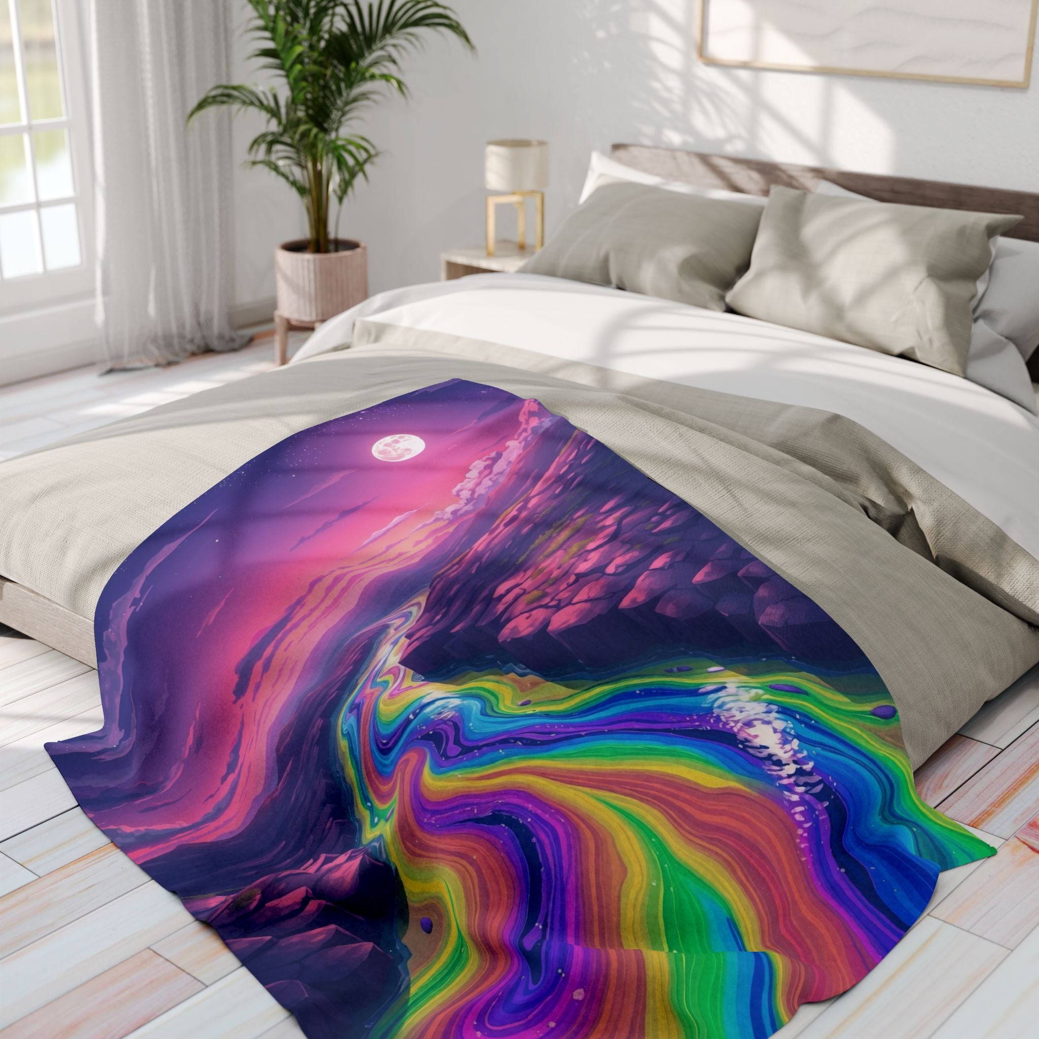 Abstract rainbow river design blanket on a bed in a bright bedroom.