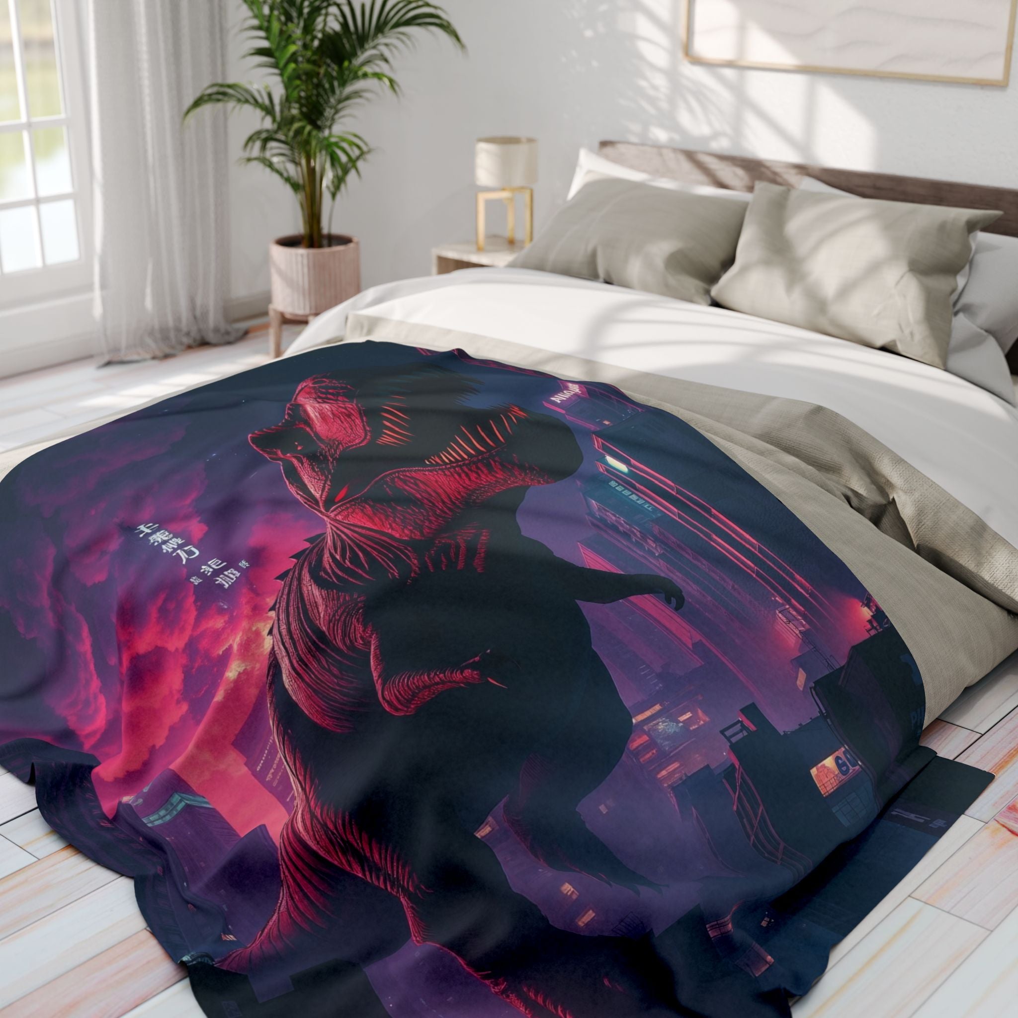 Bed with a colorful fleece blanket featuring a T-Rex dinosaur in downtown Tokyo Japan in a bright bedroom.