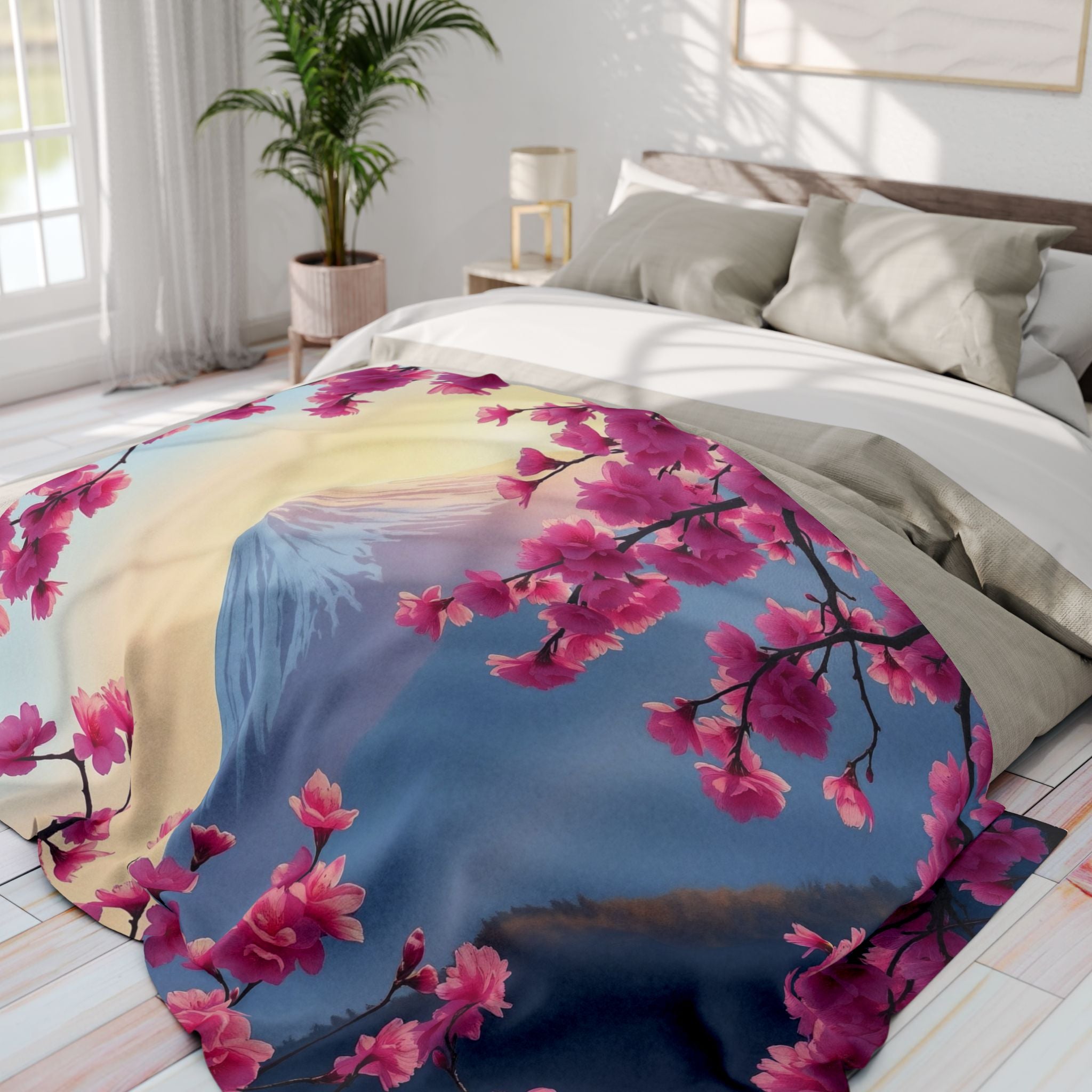 Bed with pink cherry blossom and mount fuji fleece blanket in a bright bedroom.