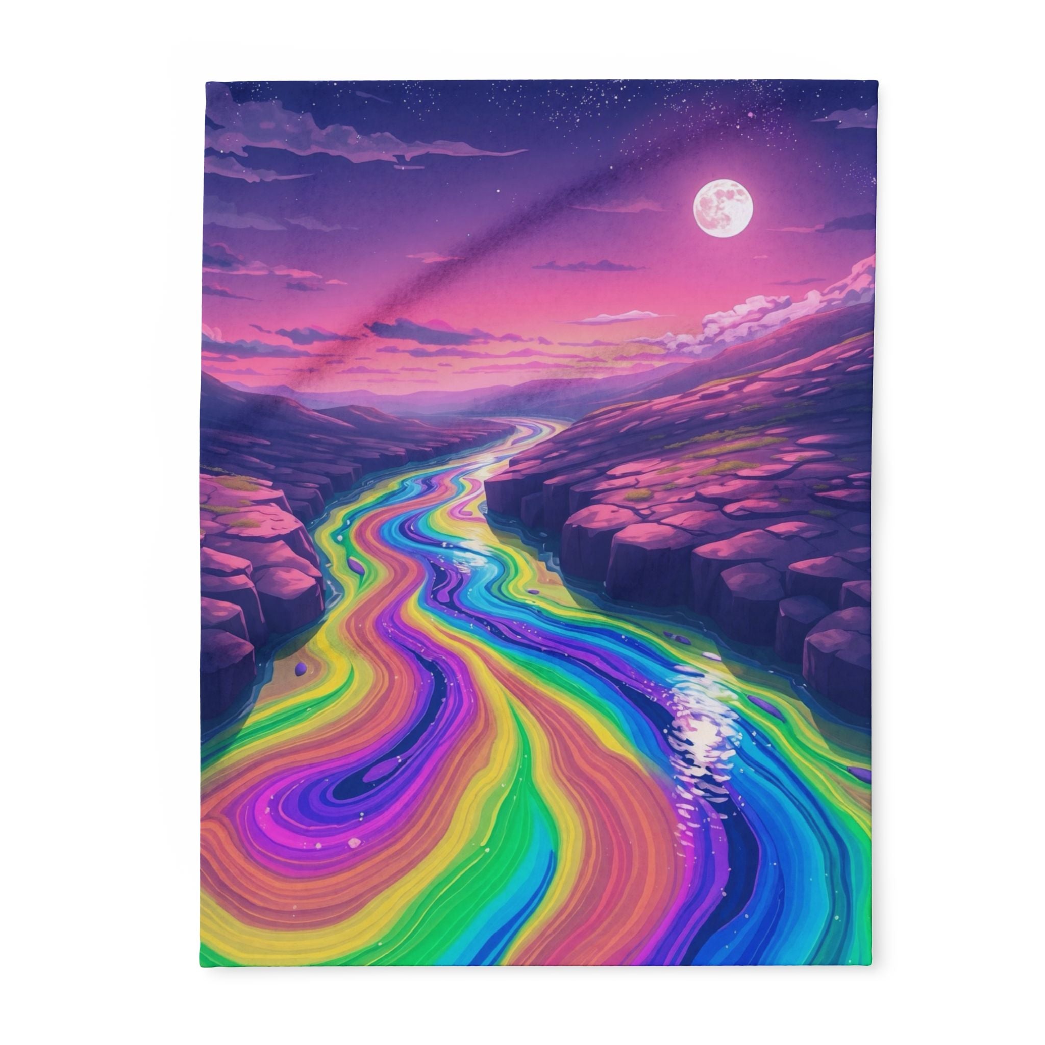 Fleece blanket of a landscape with a rainbow river flowing through a canyon under a purple moonlit sky.