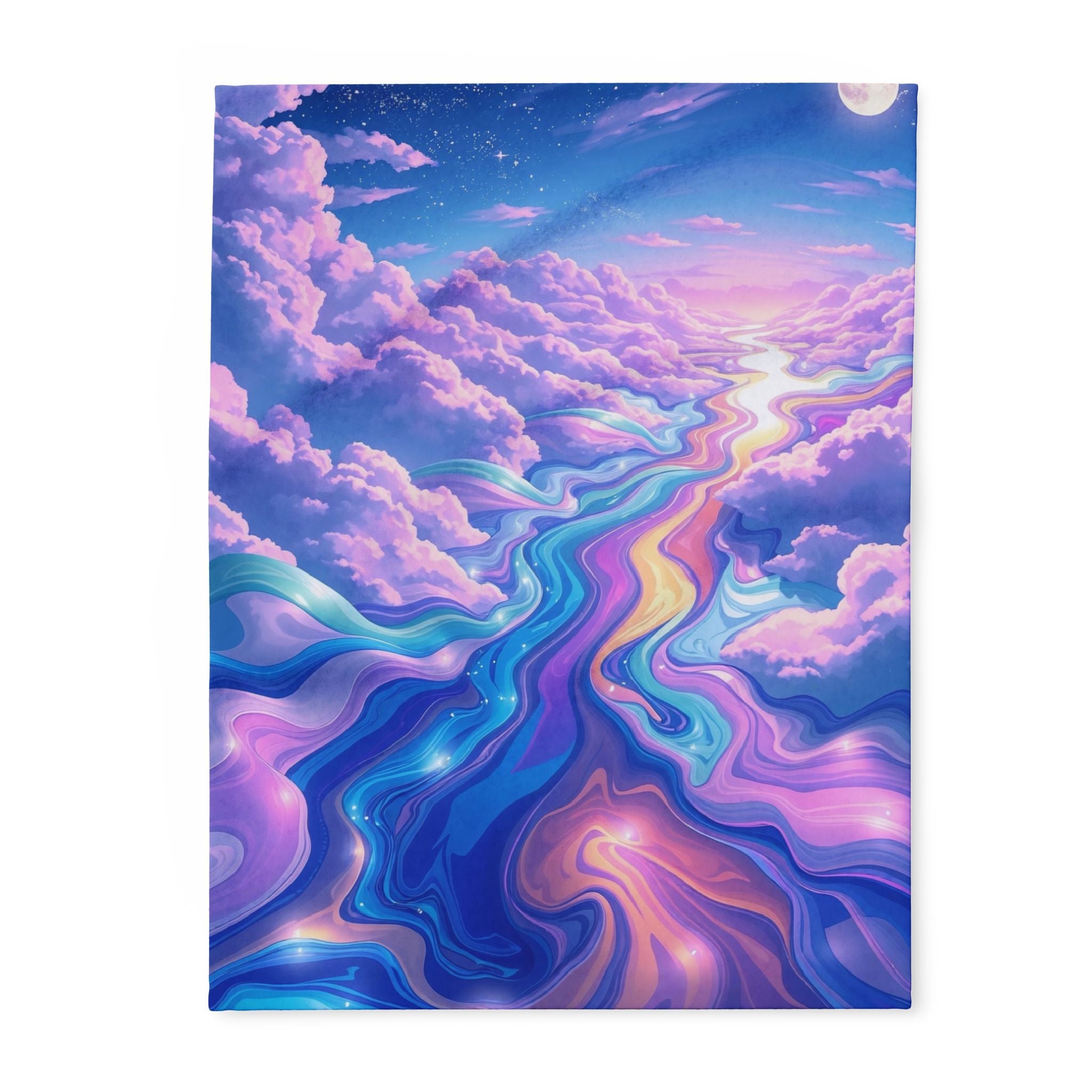 Warm fleece blanket with an abstract design of swirling patterns and clouds in the sky.