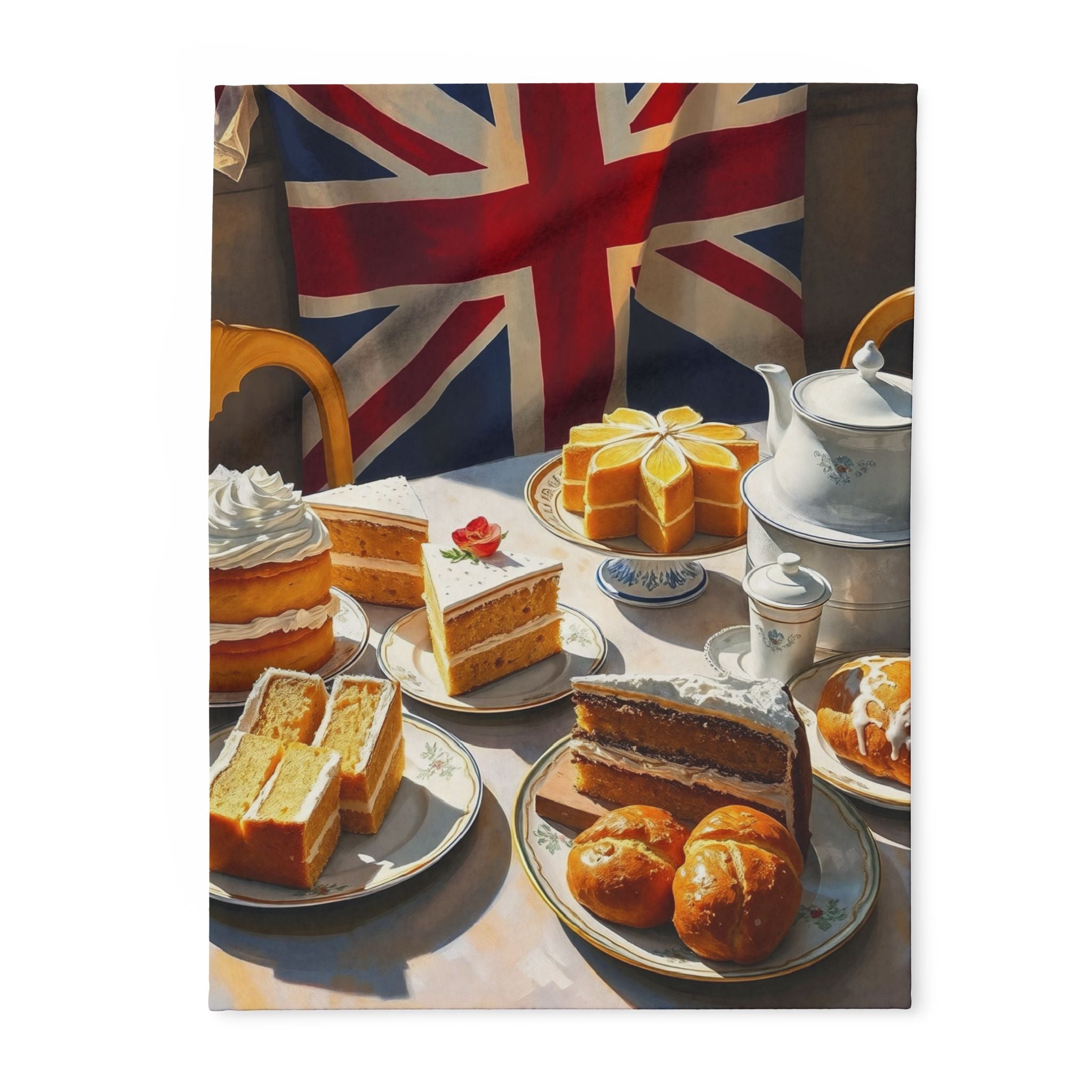Tea party setup with cakes, pastries, and a Union Jack flag in the background blanket
