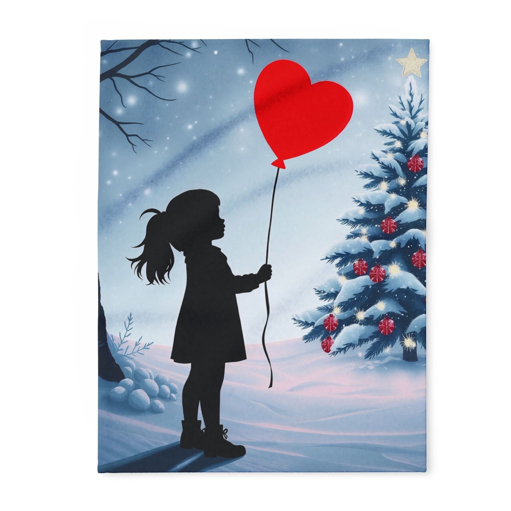 Silhouette of a girl holding a red heart balloon with a Christmas tree in the background.