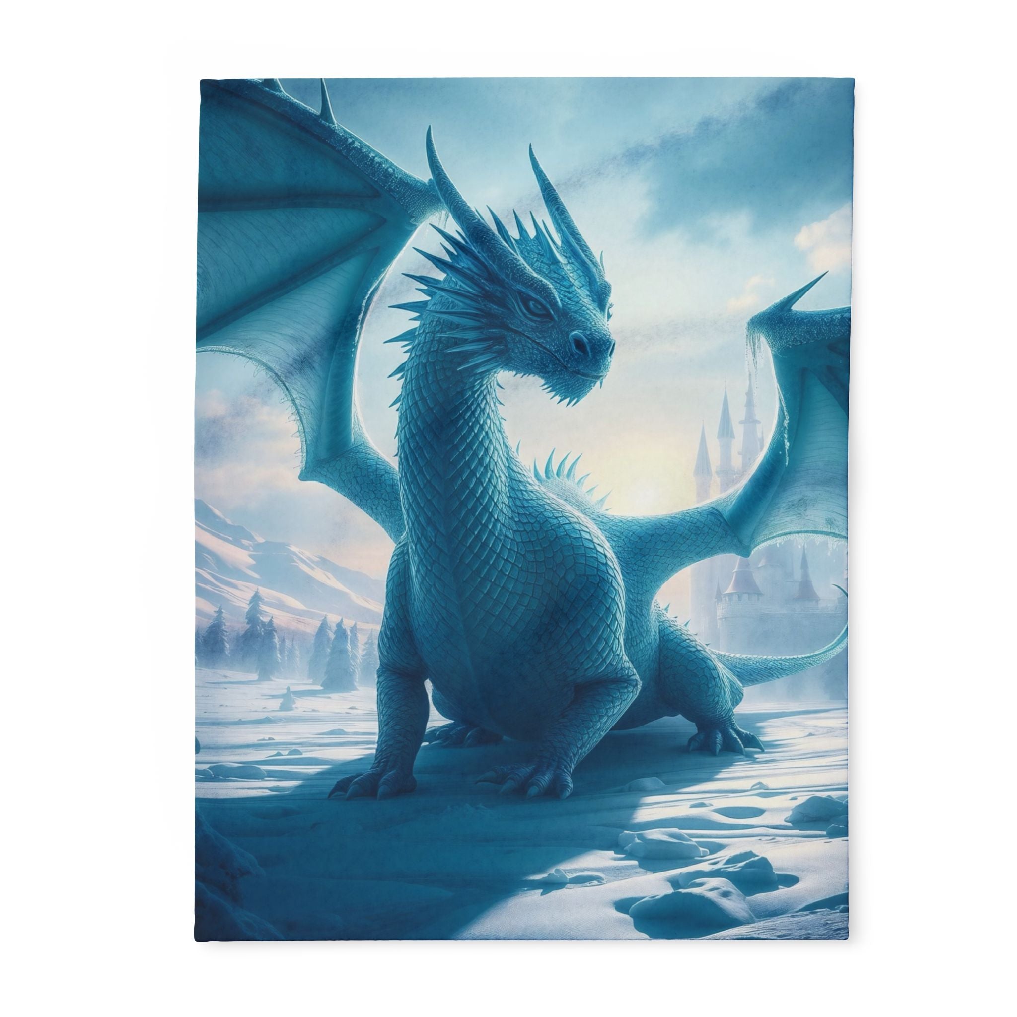 Blanket of a Ice dragon in a fantasy landscape with mountains and trees.