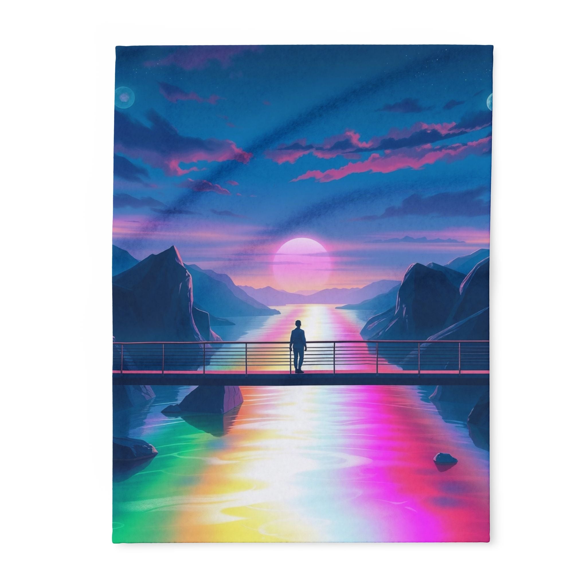 Fleece blanket of a surreal landscape with a person standing on a bridge over a rainbow-lit river at sunset.