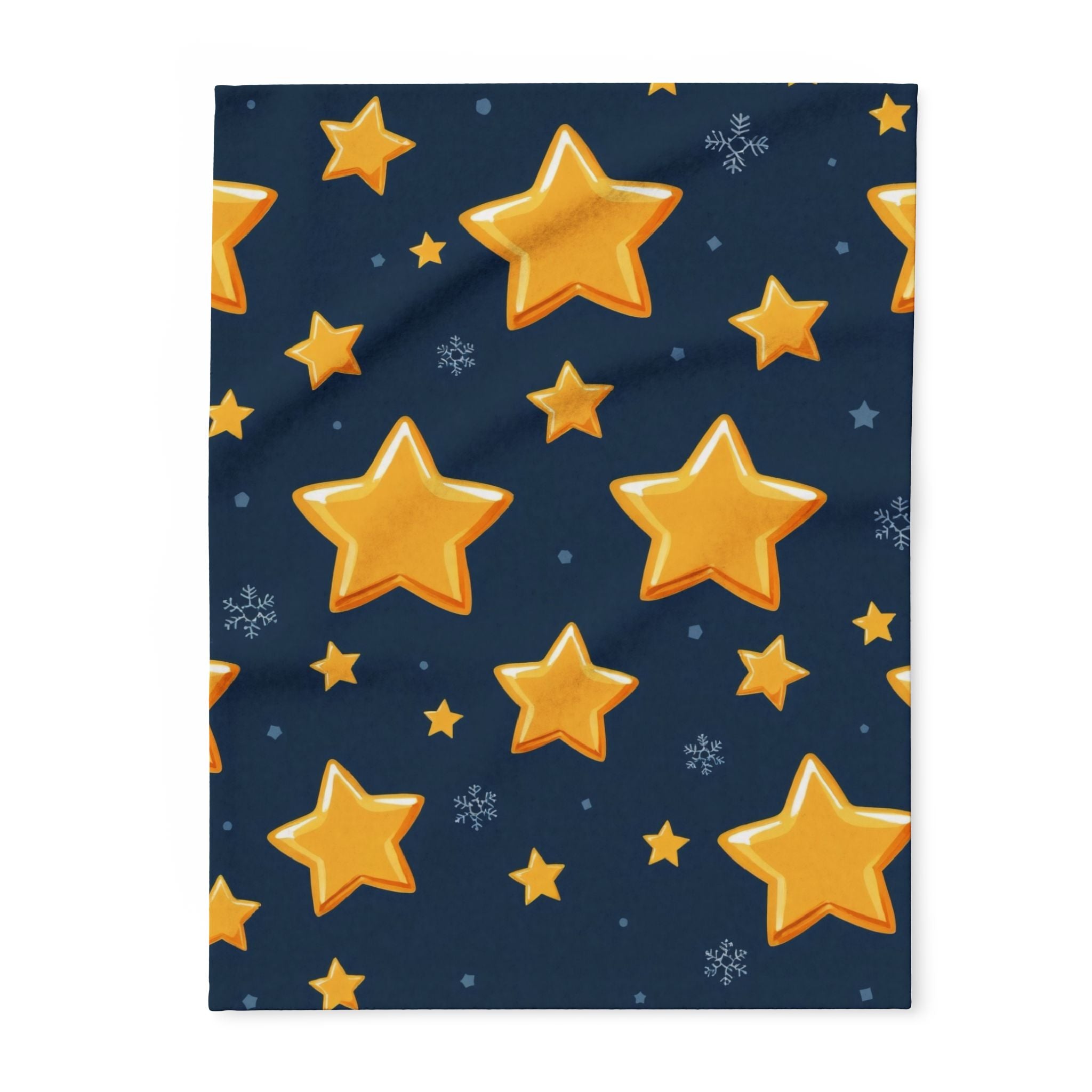 Navy blue fleece blanket with gold star pattern.