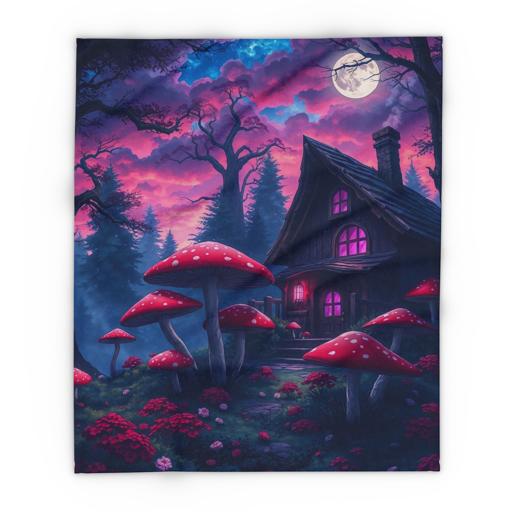 Fleece blanket thrown with a halloween spooky haunted house, with toadstool mushrooms, and a full moon under a pink and purple sky.