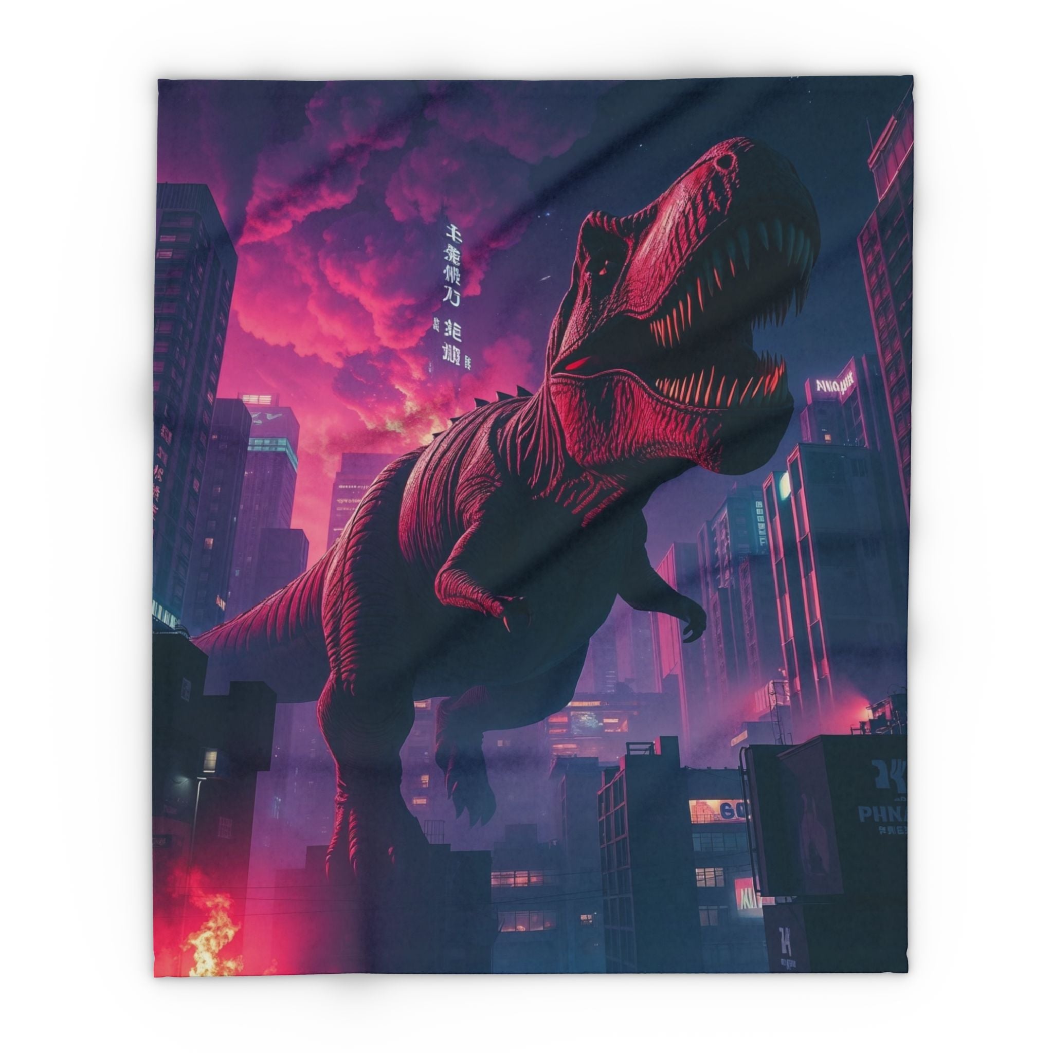Fleece blanket featuring T-Rex dinosaur monster in downtown Tokyo Japan with neon, pink and purple hues.