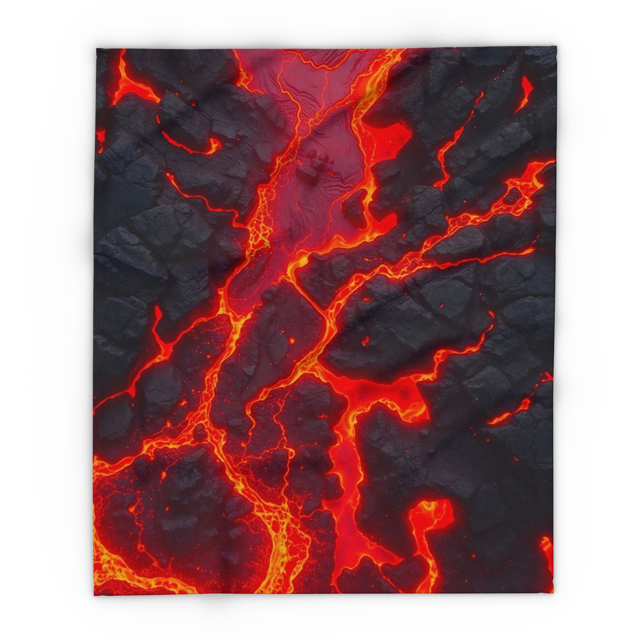 Fleece blanket of flowing lava with red and orange colours on a textured black background.