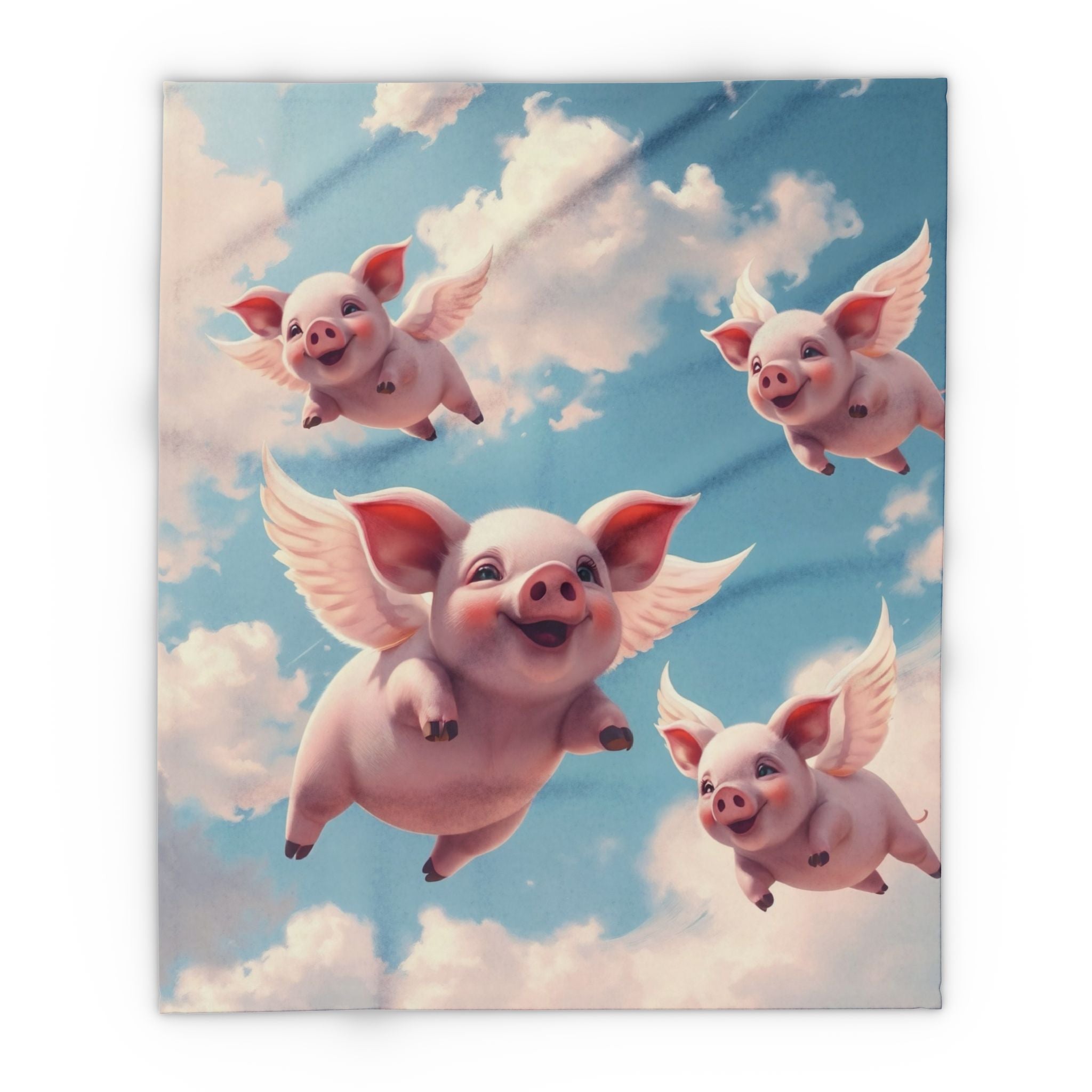 Blanket of four cute cartoon flying pigs with wings flying in the sky with clouds.