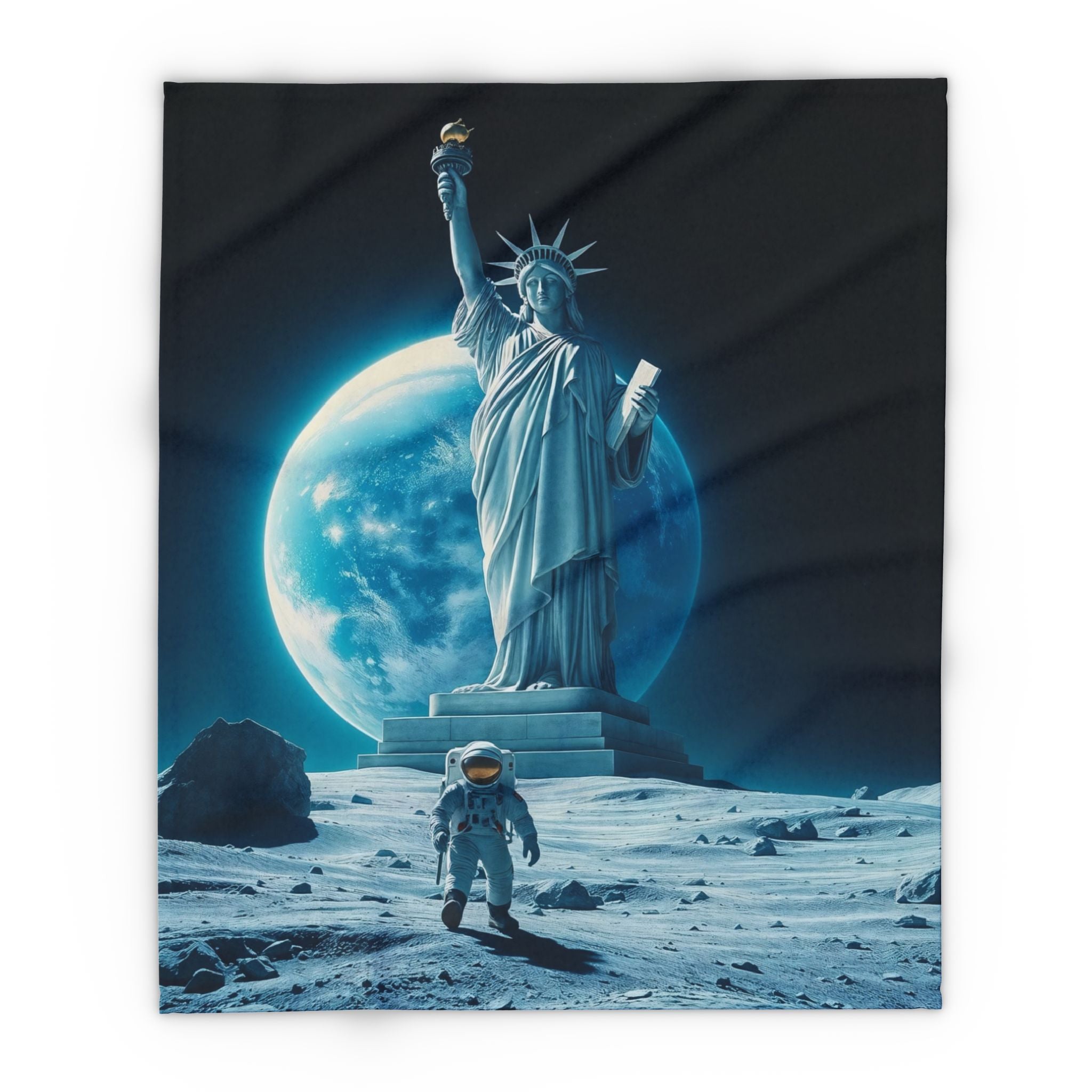 Fleece blanket featuring the statue of liberty and an astronaut on the moon with the planet earth in the background.